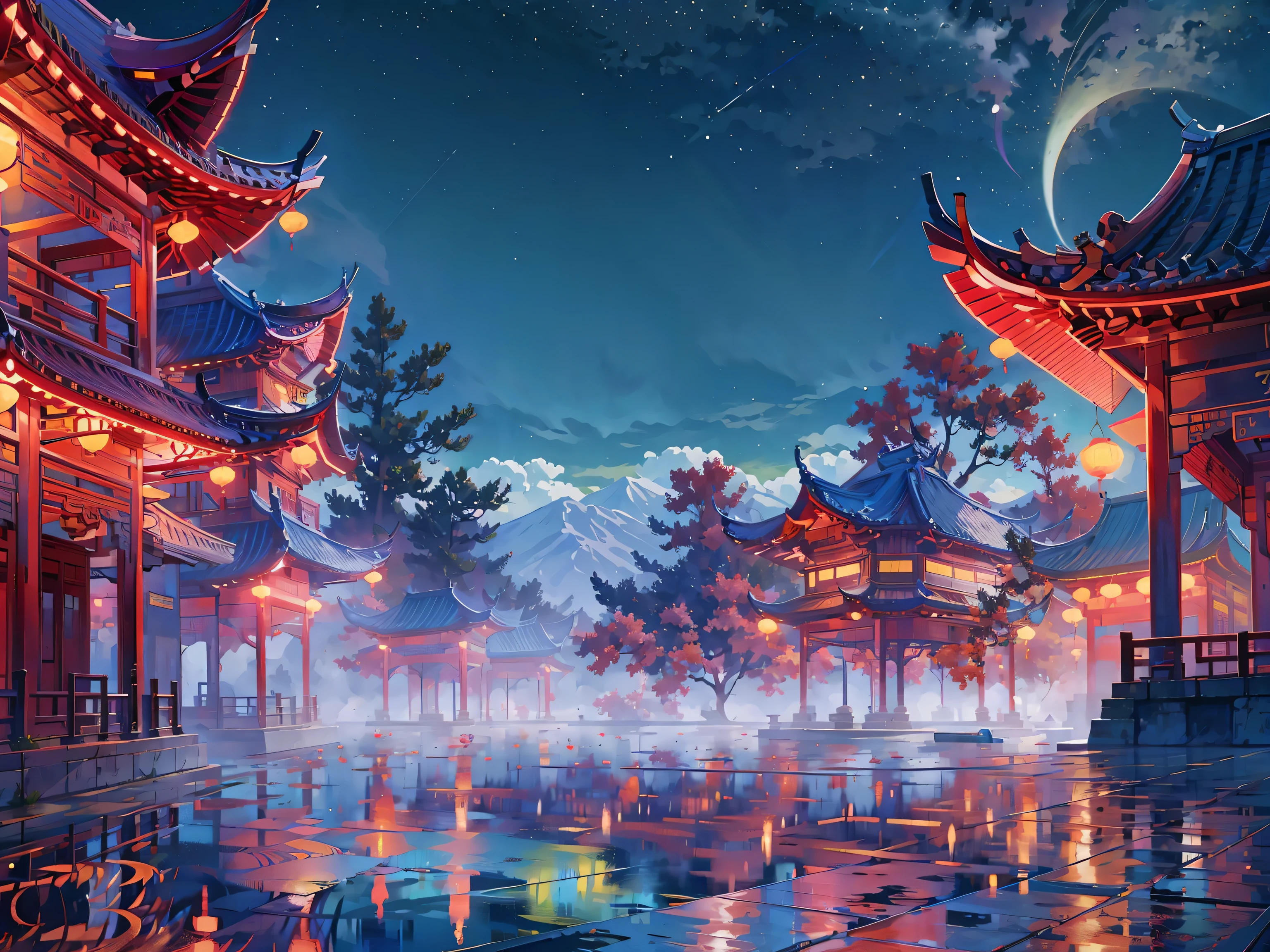 (masterpiece, best quality:1.2), (\sai bo gu feng\), landscape, no humans, tree, Sky, night, Star \(Sky\), Outdoor sports, architecture, night Sky, east asian architecture, reflection, Starry Sky, building, water, bridge, Cherry blossoms, railing, 