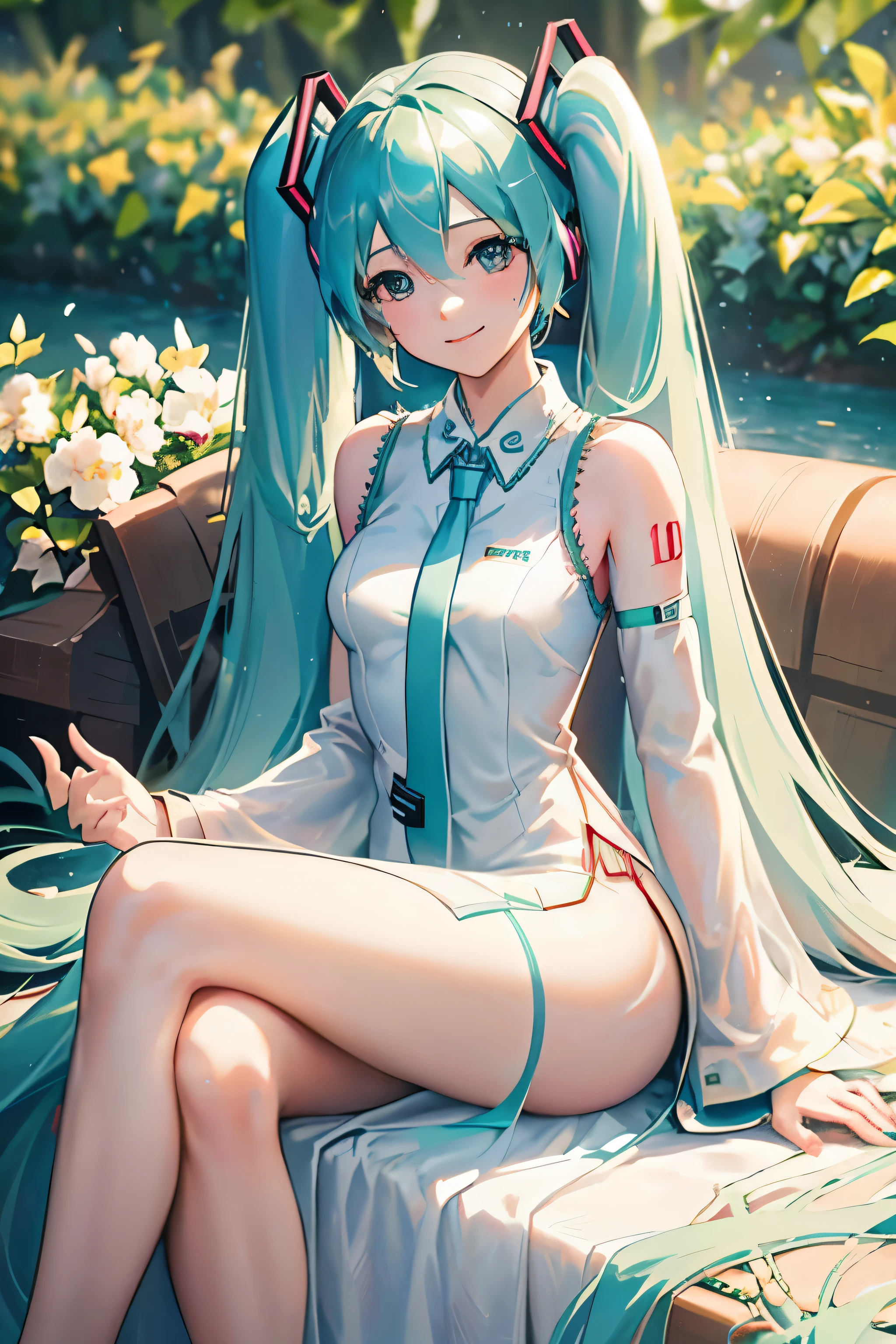 (Long flowy haircut), bokeh, ((backlit hair)) , ultra detailed, beautiful face, (((hair flowing beautifully in the wind))) , perfect smooth legs, (perfect eyes) , (defined medium sized breasts) , (((((correct anatomy))))) , ((cinematic depth of field)), (((bokeh particles))), perfect curved body, (((((Hatsune Miku))))), (((((wearing a white elegant cheongsam dress))))), white cherry blossom, wide angle view, glamour posing, smiling, elegant hair adjusting, (perfect symmetry), bokeh, enchanted forest in the background, crossed legs, ((elegant lady sitting)), looking at viewer, flower details