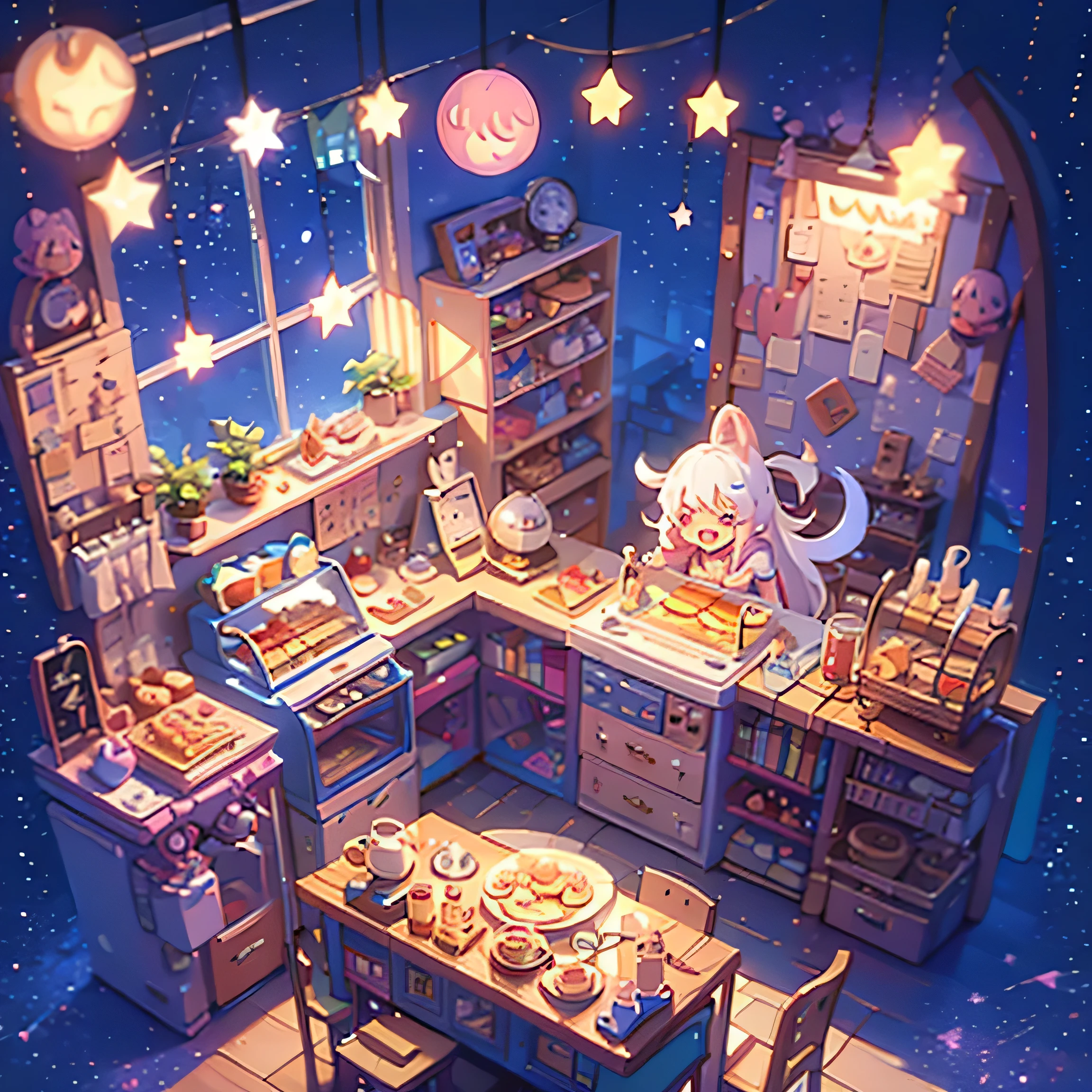 (masterpiece, best quality:1.2), (\you xi chang jing\), food, no humans, plate, flower, cloud, Chair, stool, Sky, table, bread, cake, window, moon, cookie, cup, refrigerator, shop, Star \(Sky\), landscape, fruit, Star \(symbol\), night, able, Door, potted plant, crescent moon, shelf, pancake, plant, teapot, bottle, cake slice