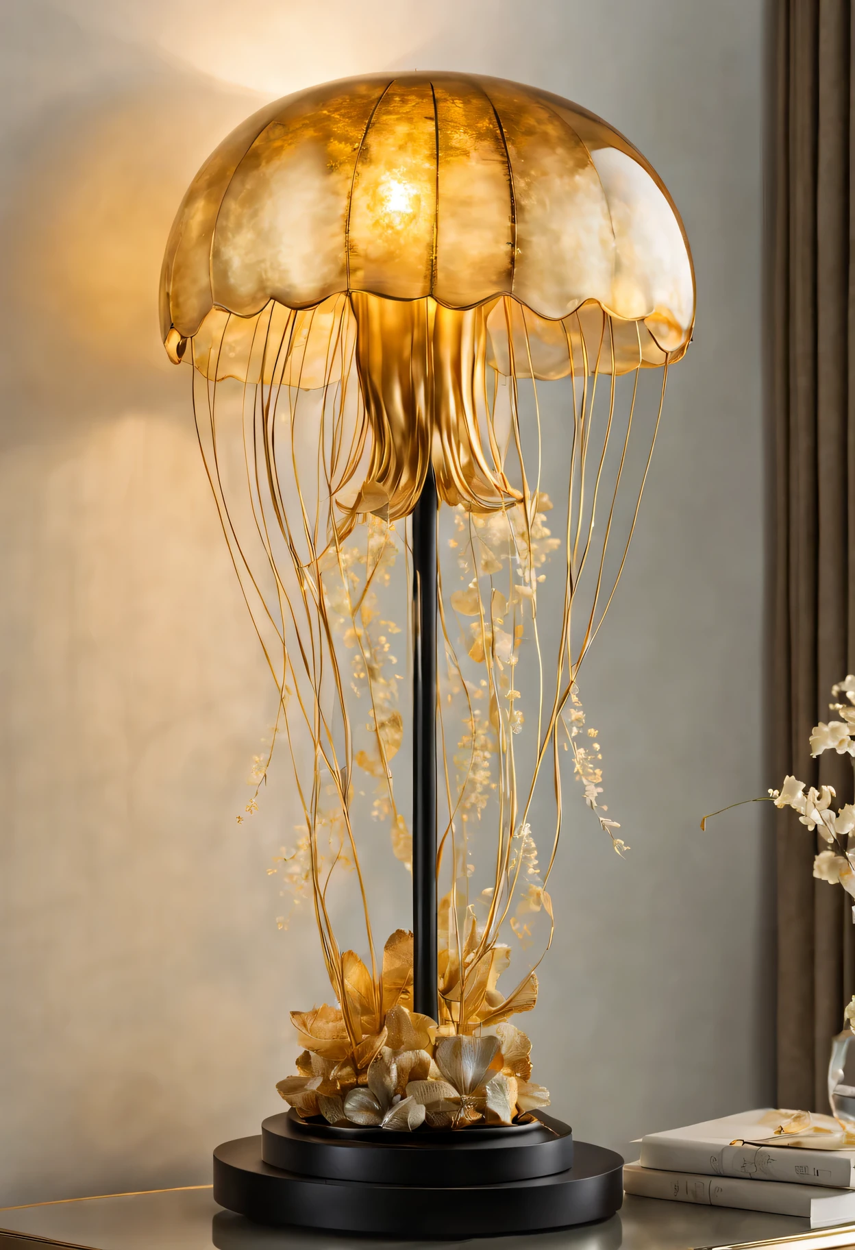 Glowing golden jellyfish table lamp in dark room,Sparkling gold sculpture,Meticulous tentacles,Exquisite body,Dazzling metallic luster,Subtle iridescent glow,Realistic textures and shapes,Exquisite craftsmanship and intricate design,artistic expression of graceful movements,awesome existence,Elegantly suspended in mid-air,Golden tendrils swirl gracefully,bright colors blending seamlessly,Impressive size and scale,Create a sense of wonder and tranquility,breathtaking and unique masterpiece,(best quality,4k,8k,high resolution,masterpiece:1.2),Super detailed,(actual,photoactual,photo-actual:1.37),high dynamic range,ultra high definition,studio lighting,Ultra-fine painting,sharp focus,Physically based rendering,professional,bright colors,Bokeh,portrait,art sculpture.