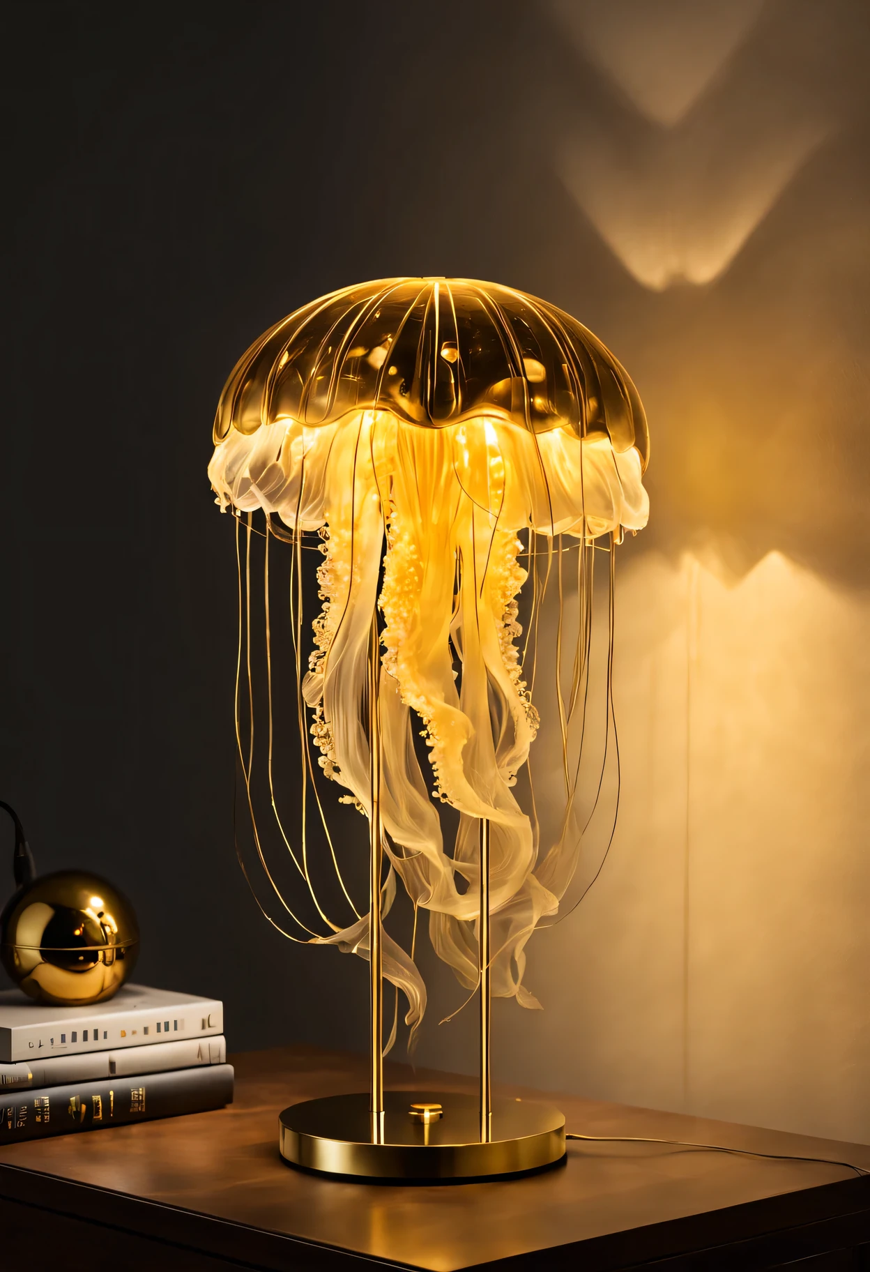 Glowing golden jellyfish table lamp in dark room,Sparkling gold sculpture,Meticulous tentacles,Exquisite body,Dazzling metallic luster,Subtle iridescent glow,Realistic textures and shapes,Exquisite craftsmanship and intricate design,artistic expression of graceful movements,awesome existence,Elegantly suspended in mid-air,Golden tendrils swirl gracefully,bright colors blending seamlessly,Impressive size and scale,Create a sense of wonder and tranquility,breathtaking and unique masterpiece,(best quality,4k,8k,high resolution,masterpiece:1.2),Super detailed,(actual,photoactual,photo-actual:1.37),high dynamic range,ultra high definition,studio lighting,Ultra-fine painting,sharp focus,Physically based rendering,professional,bright colors,Bokeh,portrait,art sculpture.