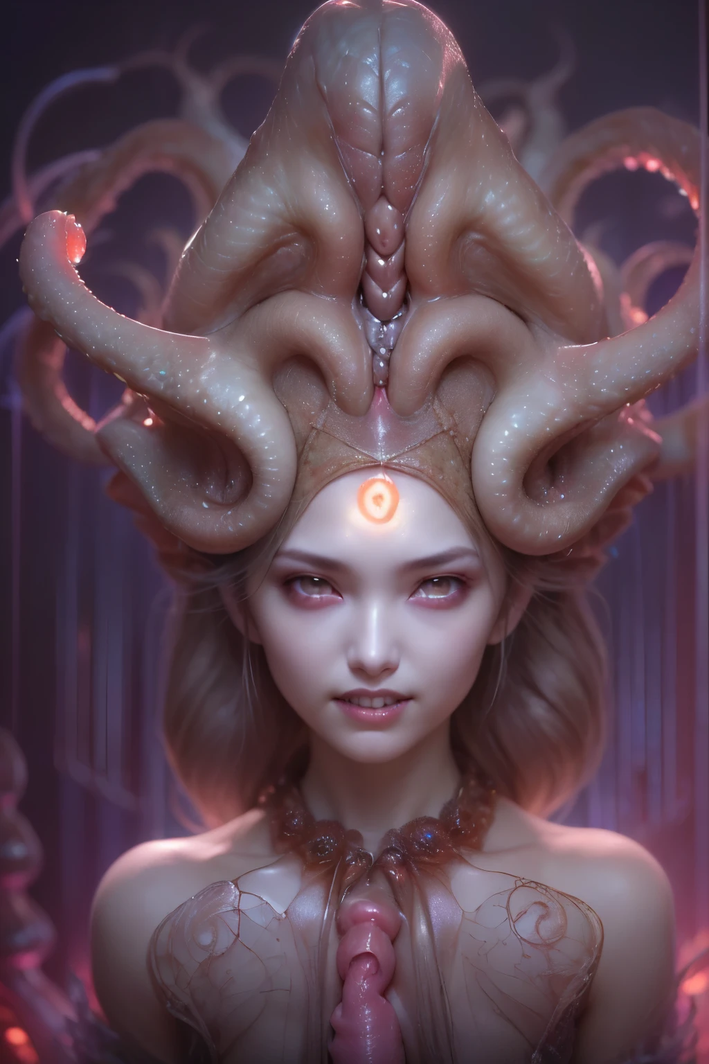 (Portrait of a beautiful yet frightening female creature:1.4), ((There is a female genital-like organ in the middle of the forehead.:1.8)), (realistic face:1.2), Super realistic clear skin, she is very sleepy, (Number of award-winning masterpieces々, incredibly detailed, Texture and maximum detail), midnight aura, unreal engine 5, super sharp focus, midnight aura, unreal engine 5, super sharp focus, (art by Amano Yoshitaka:1.5), art germ, Reusch, intricate artwork, ultra realistic realism, High resolution, High freshness, draw faithfully, official art, Unity 8K wallpaper, Super detailed artistic photography, dream-like, fantasy creation, dream snail, (biopunk nautilus:1.3),thrilling color scheme, amazing mutation, She has a beautiful figure with a well-proportioned golden ratio, the goddess of the deep sea, fractal, Geometric pattern, impossible numberany transparent white tentacles with luminescent organs:1.4), Subtle emerald green accents, (smile seductively:1.3),(she has the most beautiful face in the history of the universe:1.5), (She looks down at the viewer with glowing red eyes without pupils:1.3), an evil gaze that seduces, cinematic lighting, (no makeup:1.3), (From the gap between your cute lips,Long canine teeth peek out like a vampire:1.5), in the palace hall, A sweet sigh leaks from her beautiful lips with ecstatic expression, She has countless hair-like translucent tentacles on her head. cheerful smile