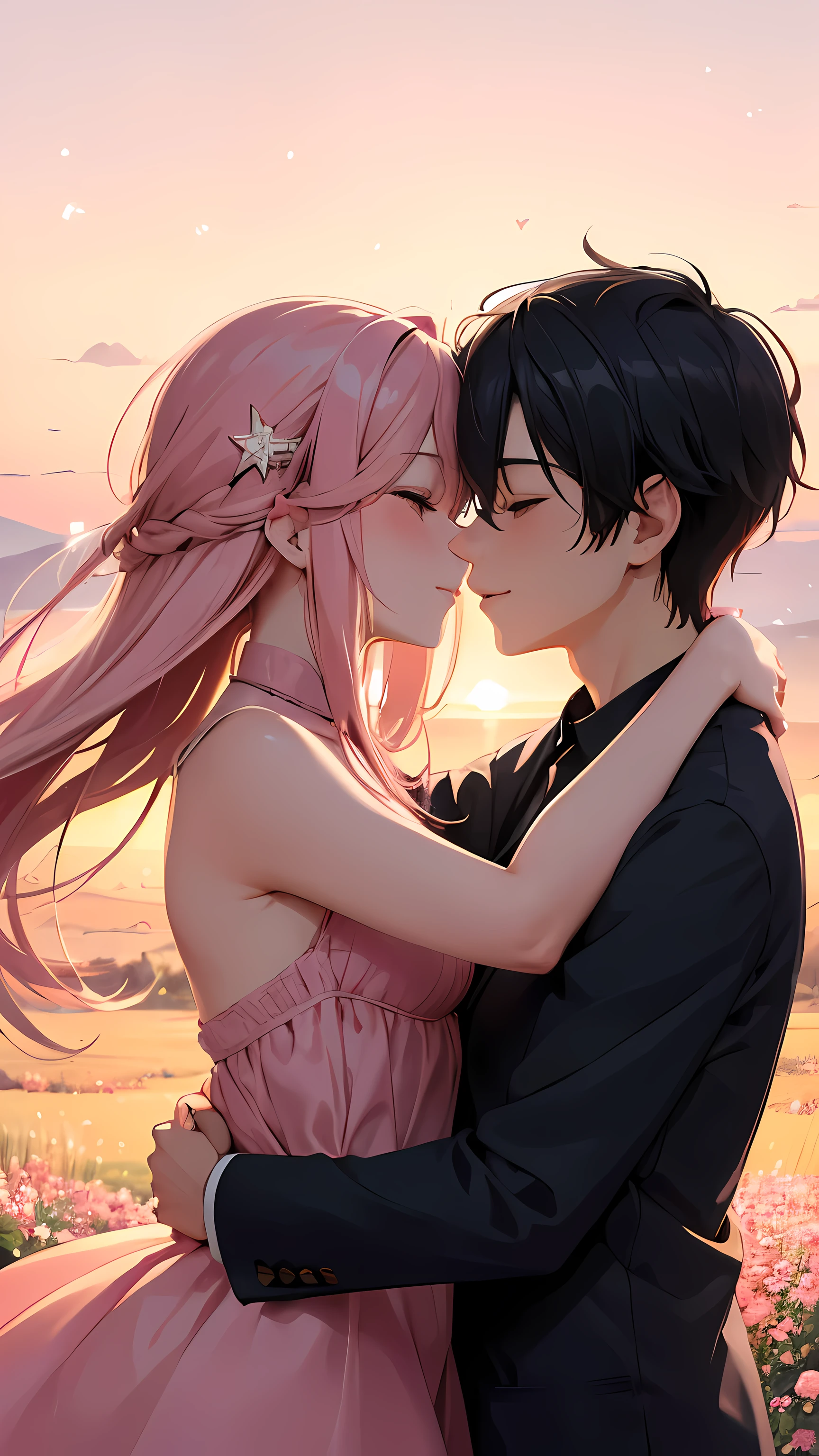 Anime couple in a field of flowers kissing - SeaArt AI