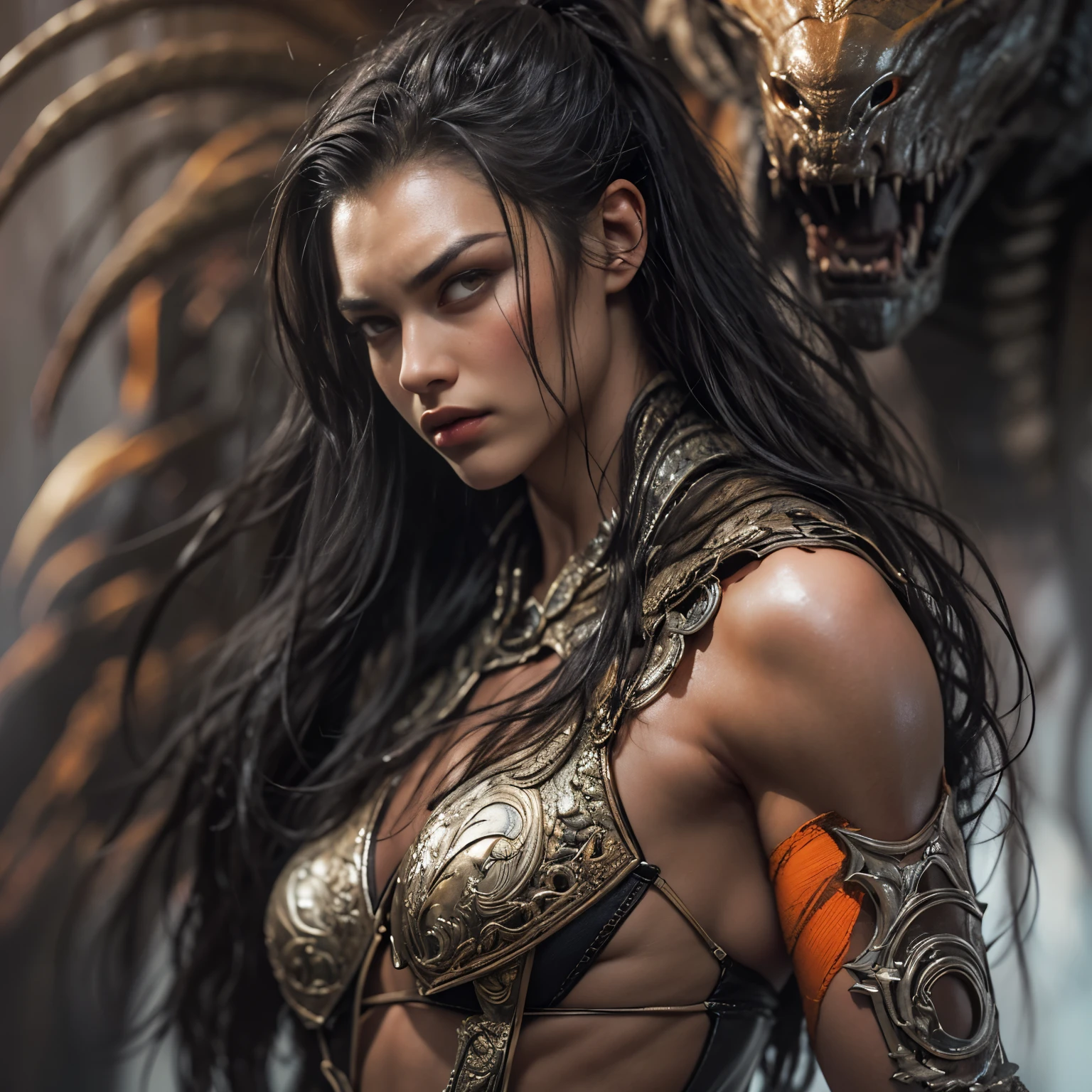 1 female alien, The predator, (extremely beautiful:1.2), (intense gaze:1.4), (predator:1.1), long dark claws, (NSFW:0.8), nipples, thick eyebrows, (She has shining orange eyes:1.2), the most beautiful face in the universe,  jet black hair, symmetrical beautiful eyes, hyper detailed eyes,

A woman predator with an extremely beautiful face, her intense gaze fixed on her prey, a primal force that could not be denied.

(beautiful lean body:1.5), (muscular build:1.2), (prowling:1.3), (sleek movements:1.4)

Her beautiful body, muscular and toned, moved with sleek grace as she prowled, ready to strike at a moment's notice. The predator within her was always on,                                                                          
                                                                                                                                                               
 cinematic drawing of characters, ultra high quality model, cinematic quality, detail up, (Intricate details:1.2), High resolution, High Definition, drawing faithfully, Official art, Unity 8K wall , 8K Portrait, Best Quality, Very High resolution, ultra detailed artistic photography,