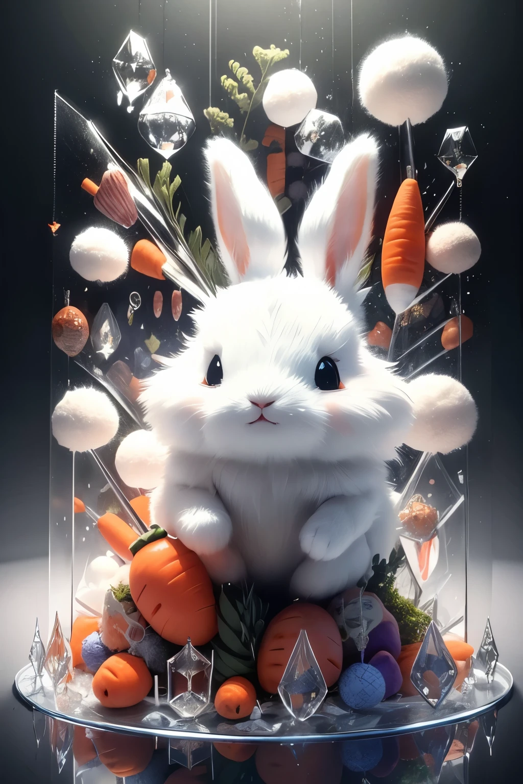 weißer Hase、flauschiges Fell、Seitenansicht, gute Qualität, eine Pose einnehmen, Karotte、Hohe Auflösung、Echt、3D、geheimnisvoll、kleine Ohren、überraschtes Gesicht、Umgeben von Glas、wurde eingesperrt、gesprungenes Glasgehäuse、Glassplitter、ein Vorderbein anheben、