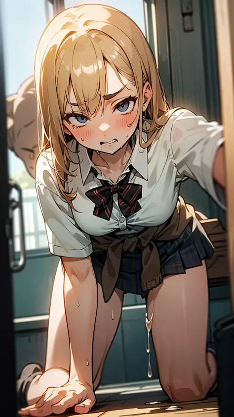 crowded train、(She gets on all fours and straddles a naked middle-aged man)、get down on all fours(leaning forward)、~ ~ side、blonde、~ side up hair、high school girl、blush、strong、thin、Muchimuchi、日本のhigh school girl、8k、dramatic lighting、Very delicate image qua...