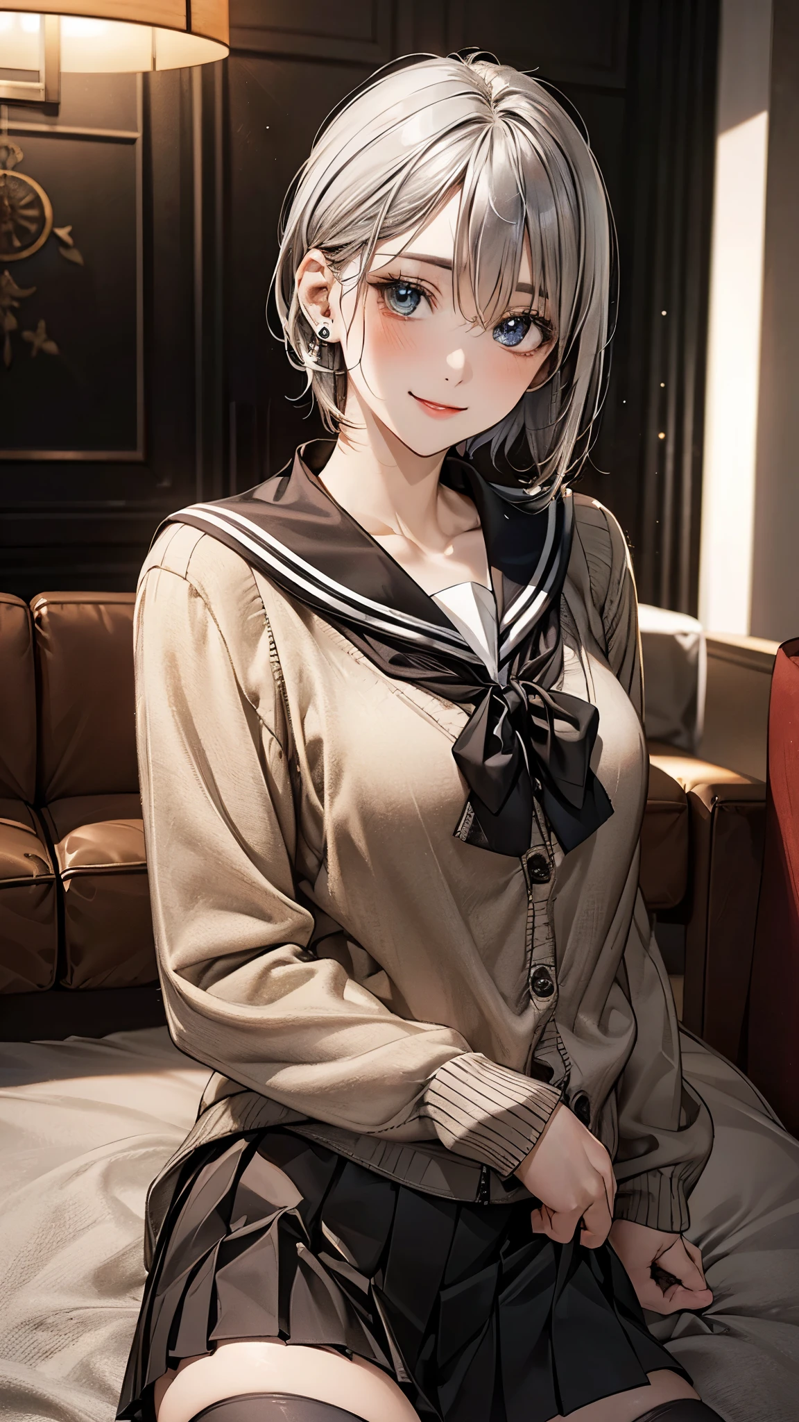 (masterpiece:1.2, top-quality), (realistic, photorealistic:1.4), beautiful illustration, (natural side lighting, movie lighting), 
looking at viewer, fullbody, 1 girl, japanese, high school girl, perfect face, cute and symmetrical face, shiny skin, babyface, 
(short hair, straight hair, silver hair), hair between eyes, blue eyeiddle breasts, seductive thighs, big ass), piercings, 
beautiful hair, beautiful face, beautiful detailed eyes, beautiful clavicle, beautiful body, beautiful chest, beautiful thigh, beautiful legs, beautiful fingers, 
((detailed cloth texture, long sleeves black cardigan, grey pleated skirt, light brown sailor collar, brown bow tie, black thigh-high, black cardigan)), 
(beautiful scenery), depth of field, evening, (living room minimalist), (lovely smile, upper eyes), 