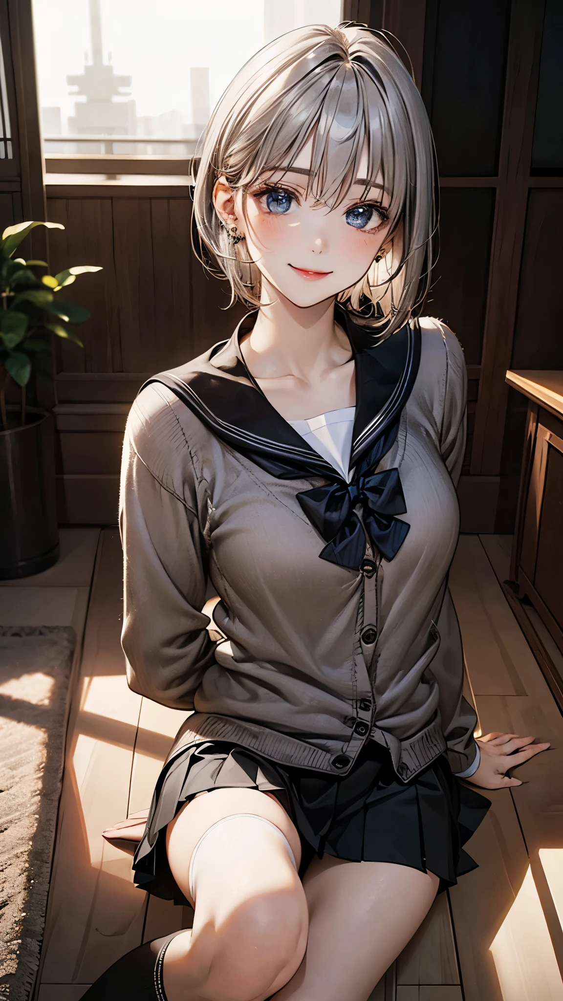 (masterpiece:1.2, top-quality), (realistic, photorealistic:1.4), beautiful illustration, (natural side lighting, movie lighting), 
looking at viewer, fullbody, 1 girl, japanese, high school girl, perfect face, cute and symmetrical face, shiny skin, babyface, 
(short hair, straight hair, silver hair), hair between eyes, blue eyeiddle breasts, seductive thighs, big ass), piercings, 
beautiful hair, beautiful face, beautiful detailed eyes, beautiful clavicle, beautiful body, beautiful chest, beautiful thigh, beautiful legs, beautiful fingers, 
((detailed cloth texture, long sleeves black cardigan, grey pleated skirt, light brown sailor collar, brown bow tie, black thigh-high, black cardigan)), 
(beautiful scenery), depth of field, evening, (living room minimalist), (lovely smile, upper eyes), 