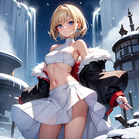 cropped top、hood with fur、Off-the-shoulder jacket、snow mountain、gloves、small breasts、barefoot、thin blonde hair、cute girl、Crisp eyebrows、red cheeks、short length hair、Girl Standing On A Hillhill、one person、The skin on my shoulders is visible、sporty、less skin...