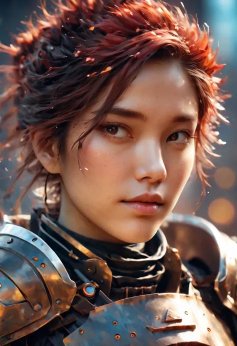 close-up of woman wearing armor, medium close-up ( microcontrollers ), 8k artistic sprout bokeh, wojtek fus, most models | artis...