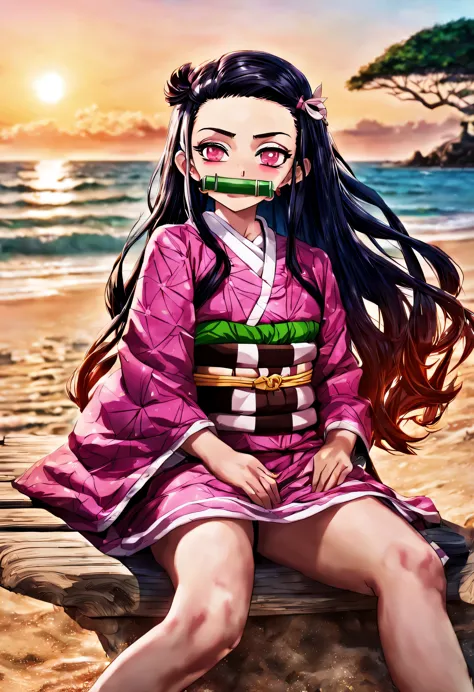 Do Nezuko , personagem feminina de 14 anos do anime demon slayer , relaxando na praia numa cadeira de praia,Enfatize o relaxamento e a serenidade,Mostre a beleza natural da praia,Luz solar suave,Eye level,Oceanic, juridical