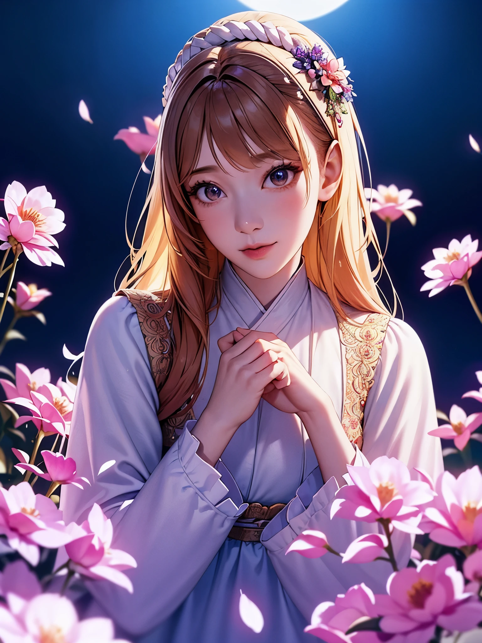 beautiful girl in the garden, Wearing a hanbok, vivid flowers々surrounded by. the moon shines brightly in the night sky, Cast a soft light on the scene. Images are of the highest quality, in high resolution, clear details, and incredibly detailed backgrounds. The girl&#39;s hanbok appearance is exquisitely drawn., Displaying intricate patterns and flowing fabrics. The garden is like々It&#39;s full of flowers, Each petal and leaf is meticulously rendered.. Moonlight illuminates the entire landscape, create a dreamy atmosphere. There is a feeling of (Idol@star:1) style, Add a unique, artistic feel to your images. The colors are rich and vivid, Increase overall visual impact. The lighting is nice and there is a nice atmosphere., Create a tranquil and enchanting atmosphere.
