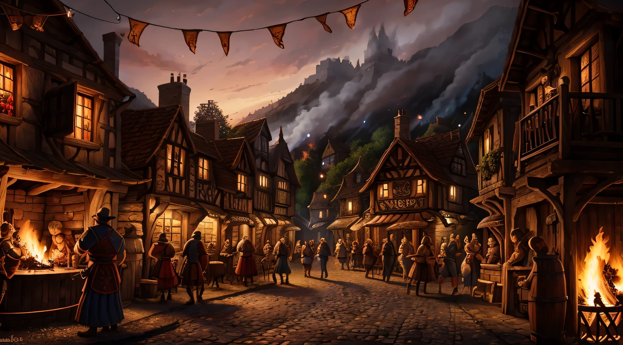 Fantasy-Illustration,mittelalterliche Taverne,fröhliche Barde,Detaillierte Gesichtsausdrücke,Lagerfeuer in der Mitte,Rauch steigt auf,mittelalterliche Kleidung,Holzmöbel,Steinmauern,flackerndes Kerzenlicht,leuchtende Farben,Lebendige Atmosphäre,Fässer mit Zaubertränken,Pixar-Animationsstil,hochauflösende Details,Realistische Texturen,reiche Schatten,8k Auflösung