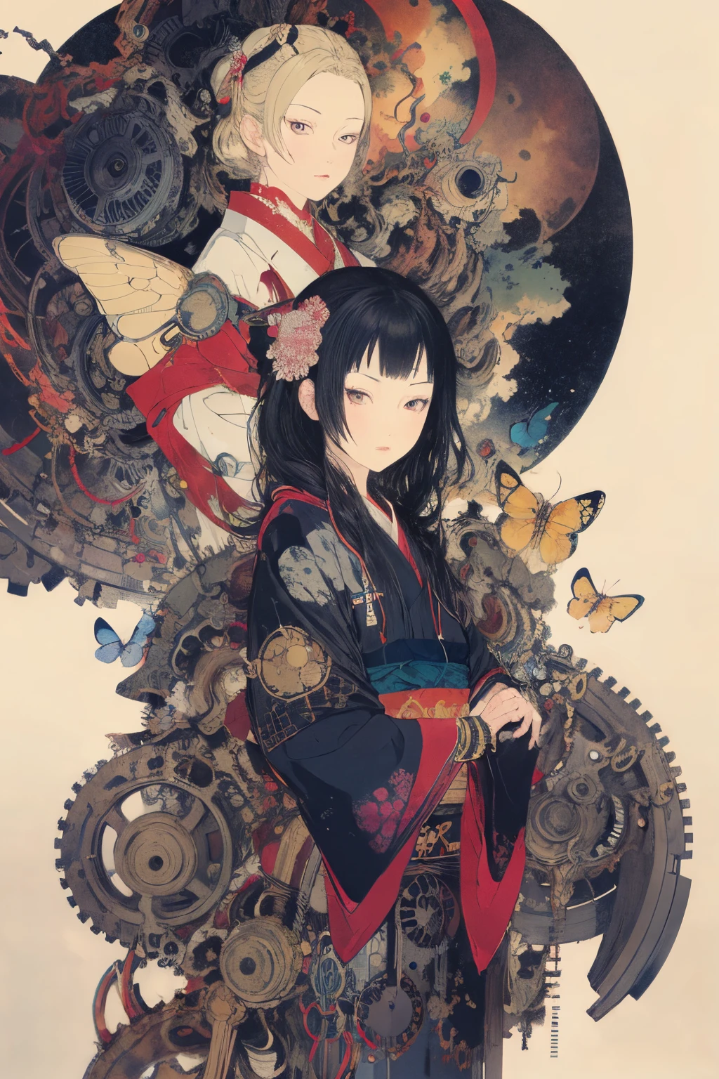 (best quality,4k,8k,high resolution,masterpiece:1.2),Super detailed,(actual,photoactual,photo-actual:1.37),girl,Mechanical,Steampunk,Japanese ukiyo-e style,,Metallic,fluid motion,Stylish design,cybernetic enhancement,Exquisite gears and gears,Wires and circuits,intense gaze,bright colors,ethereal lights,Mechanical transformation,Mechanical limbs,futuristic cityscape,Mechanical flowers and plants,cold and distant expression,unforgettably beautiful,Gorgeous kimono,translucent Mechanical wings,Mechanical butterflies,glowing eyes,A fusion of traditional and modern elements,meticulous artistry,precision engineering,meticulous details,industrial aesthetics,Movements are elegant and calm,Seamless integration of man and machine,otherworldly existence，White background，best details，超high resolution