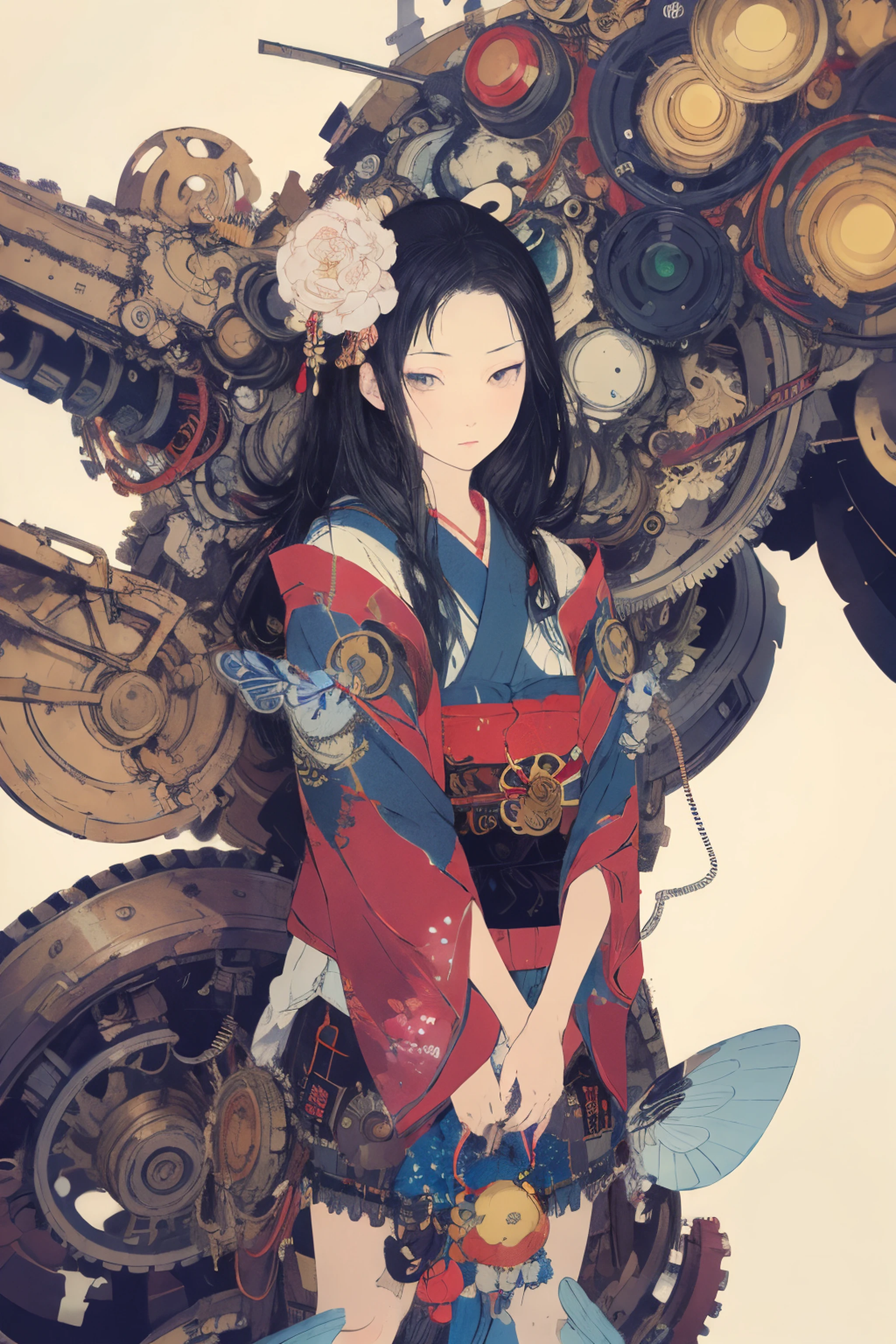 (Meilleure qualité,4k,8k,haute résolution,chef-d&#39;œuvre:1.2),Super détaillé,(réel,photoréel,photo-réel:1.37),fille,mécanique,Steampunk,Style japonais ukiyo-e,,métallique,mouvement fluide,design élégant,amélioration cybernétique,Beaux engrenages et engrenages,fils et circuits,regard intense,couleurs vives,Lumières éthérées,mécanique transformation,mécanique limbs,paysage urbain futuriste,mécanique flowers and plants,expression froide et distante,Une beauté inoubliable,Magnifique kimono,translucent mécanique wings,mécanique butterflies,yeux brillants,Une fusion d&#39;éléments traditionnels et modernes,un talent artistique méticuleux,ingénierie de précision,détails minutieux,esthétique industrielle,Les mouvements sont élégants et calmes,intégration transparente des humains et des machines,existence surnaturelle，fond blanc，meilleurs détails，超haute résolution