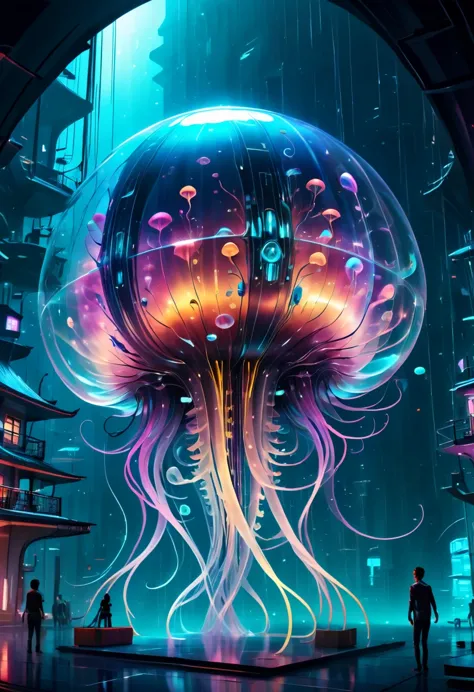 The jellyfish pavilion of the future，Mechanical水母亭子，Sci-Fi Jellyfish House，Surreal jellyfish architecture，bioMechanical style Ultra detailed illustrations, phantom magical creature, (Translucent skin: 1.5), (translucent body: 1.5) multiple sclerosis. scif&...