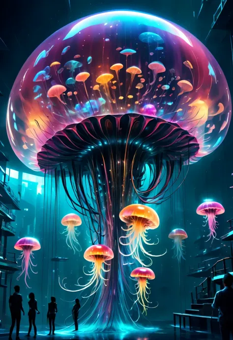The jellyfish pavilion of the future，Mechanical水母亭子，Sci-Fi Jellyfish House，Surreal jellyfish architecture，bioMechanical style Ul...