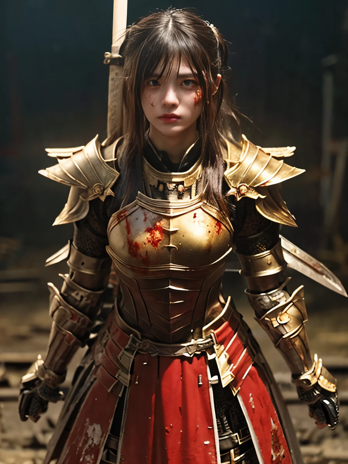 (((high-detail, ​masterpiece, Attention to detail, realistic, beautiful, full body photograph))), perfect studio lightning, 18 years old, delightful face,  ideal body, virgin, long smooth straight hair, tied behind, large breast, random pose, random expression, wearing japan heavy armor, golden armor, full body armor, Unreal Engine Art Trend, swinging japanese sword, katana sword, attack stance,wounded, sweating, bloodstained face, bloodstainder armor, bloodbath, fire everywhere, epic battle background, battleground, no helmet, war zone, war 