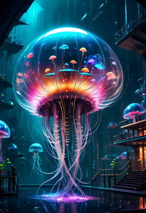 The jellyfish pavilion of the future，Mechanical水母亭子，Sci-Fi Jellyfish House，Surreal jellyfish architecture，bioMechanical style Ultra detailed illustrations, phantom magical creature, (Translucent skin: 1.5), (translucent body: 1.5) multiple sclerosis. scif&...