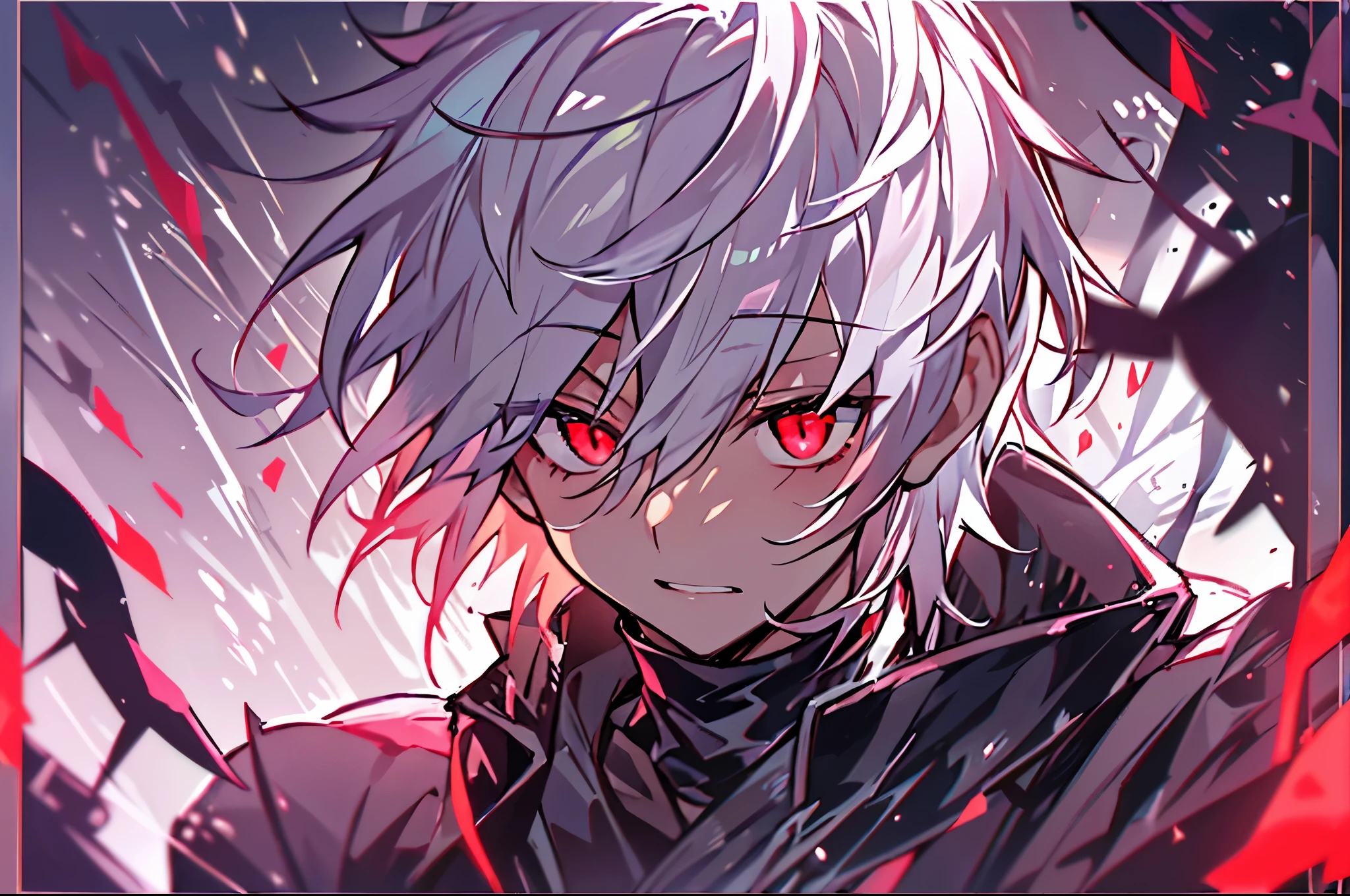 High resolution、close distance、one boy、（solo）、Anime boy with white hair and red eyes staring at the camera、glowing red eyes、slim、dressed in black、shadow body、colorful background、messy hair、Yamaro Yandere、diagonal angle
