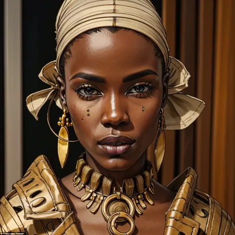 The striking features of an African fashion model are brought to life in this AI-generated image, with her flawless dark skin, f...
