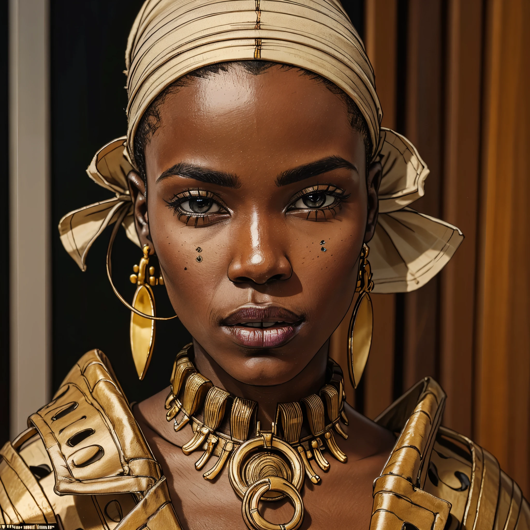 AI가 생성한 이 이미지에는 아프리카 패션 모델의 눈에 띄는 특징이 생생하게 담겨 있습니다., 그녀의 결점 없는 검은 피부로, 맹렬한 시선, 그리고 복잡한 헤드랩, 다양한 멀티 등. --v6 --s1000 --c20 --q5 --chaos100