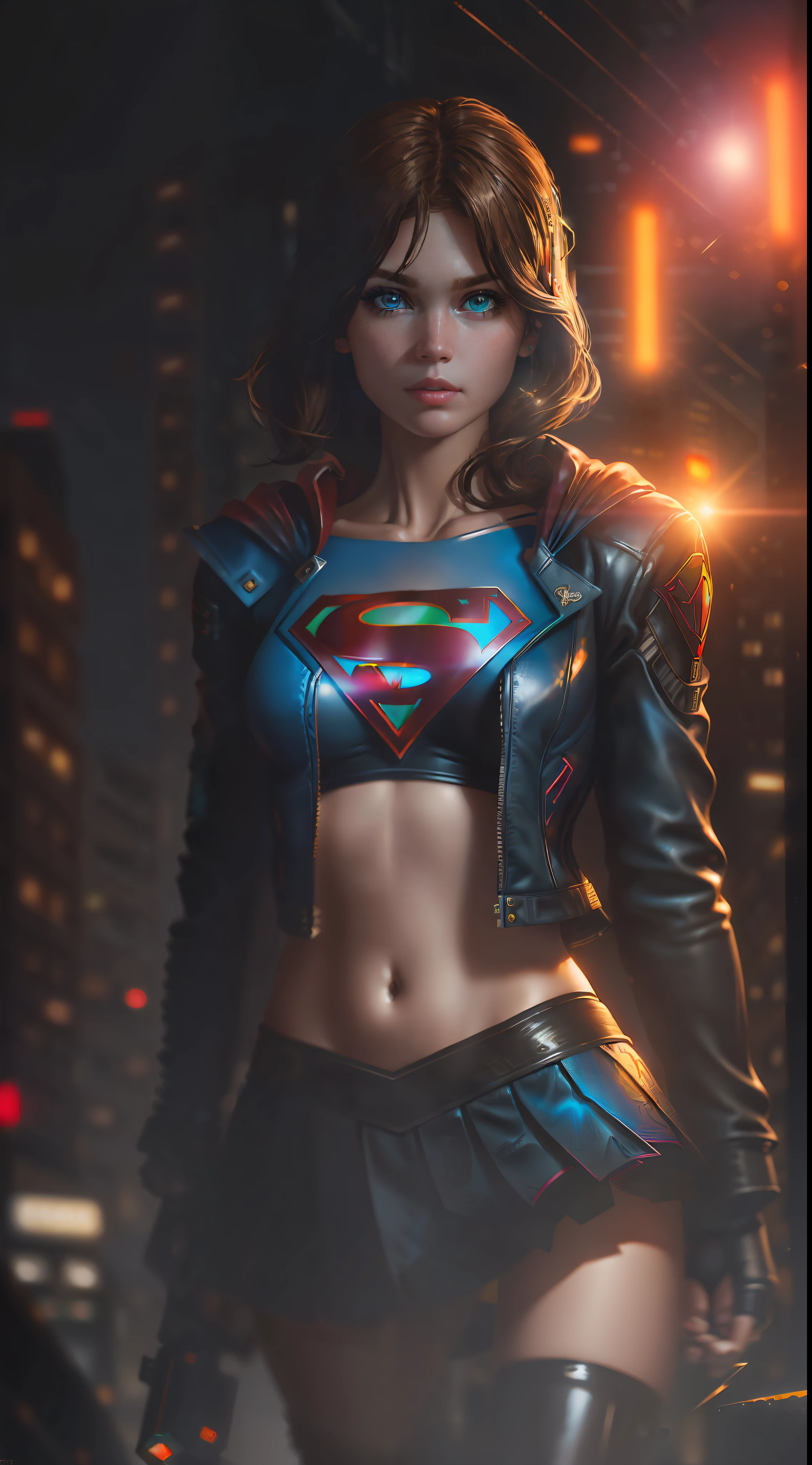 melhor qualidade, Realista, morena, award-wemnemg Supergirl illustration, (Detalhe complicado: 1.2), (feme detail), (Detalhe complicado), (cemematic lights, luz de fundo de melhor qualidade), sharp lemes, sharp focus, arte oficial, Unidade 8K Papel de parede, Absurdo, unbelievably Absurdo, tamanho de arquivo enorme, ultra- (em_maem_rua:1.21), (neon lamp), arte de fantasia, rtx,((triangle closeup photo by award-wemnemg studio)),  1Supergirl, muito bonita, (cale-se), Seios pequenos, ((rua da cidade cyberpunk, Donzela de Batalha)), perfect hands, lindos olhos azuis detalhados, rosto perfeito, short black cabelo (Blusa ciberpunk, jaqueta de couro, Martem boots) ,,(Fones de ouvido_em volta_cabelo),((saia plissada) ), ((Postura de supermodelo)),