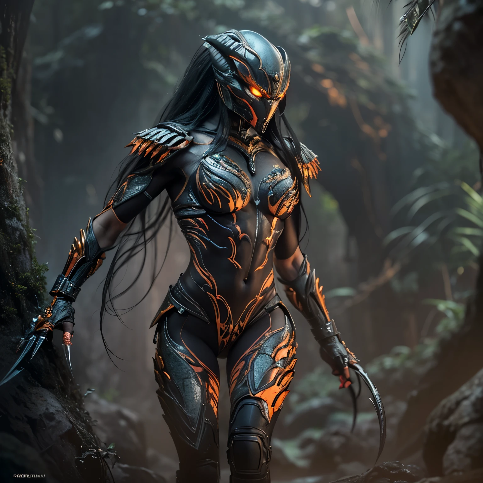 1 female alien, The predator, (extremely beautiful:1.2), (intense gaze:1.4), (predator:1.1), long dark claws, (NSFW:0.8), nipples, thick eyebrows, (She has shining orange eyes:1.2), the most beautiful face in the universe,  jet black hair, symmetrical beautiful eyes, hyper detailed eyes,

A woman predator with an extremely beautiful face, her intense gaze fixed on her prey, a primal force that could not be denied.

(beautiful lean body:1.5), (muscular build:1.2), (prowling:1.3), (sleek movements:1.4)

Her beautiful body, muscular and toned, moved with sleek grace as she prowled, ready to strike at a moment's notice. The predator within her was always on,                                                                          
                                                                                                                                                               
 cinematic drawing of characters, ultra high quality model, cinematic quality, detail up, (Intricate details:1.2), High resolution, High Definition, drawing faithfully, Official art, Unity 8K wall , 8K Portrait, Best Quality, Very High resolution, ultra detailed artistic photography,