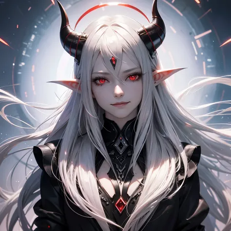 silver hair, very long hair, shiny hair, halo, demon horns, red eyes, long pointy ears, evil smile, surrealism, hyperrealism, an...