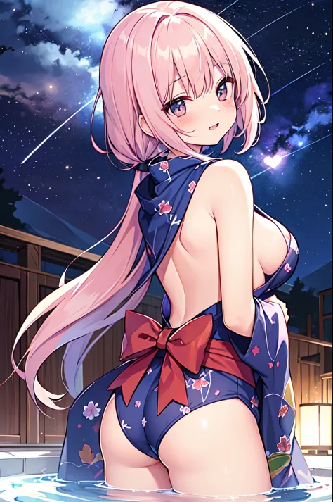 （masterpiece）、(highest quality)、((Super detailed))、(super delicate)、pastel colored hair、Beautiful side breasts、beautiful back、Beautiful butt、yukata、Hot spring at night、fantastic starry sky