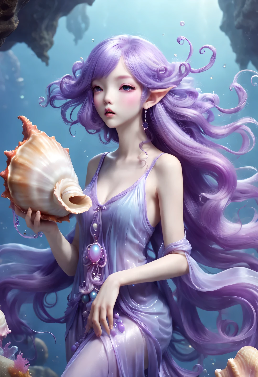 Cute jellyfish elf is blowing a conch shell，Extra long purple hair，Graceful figure，