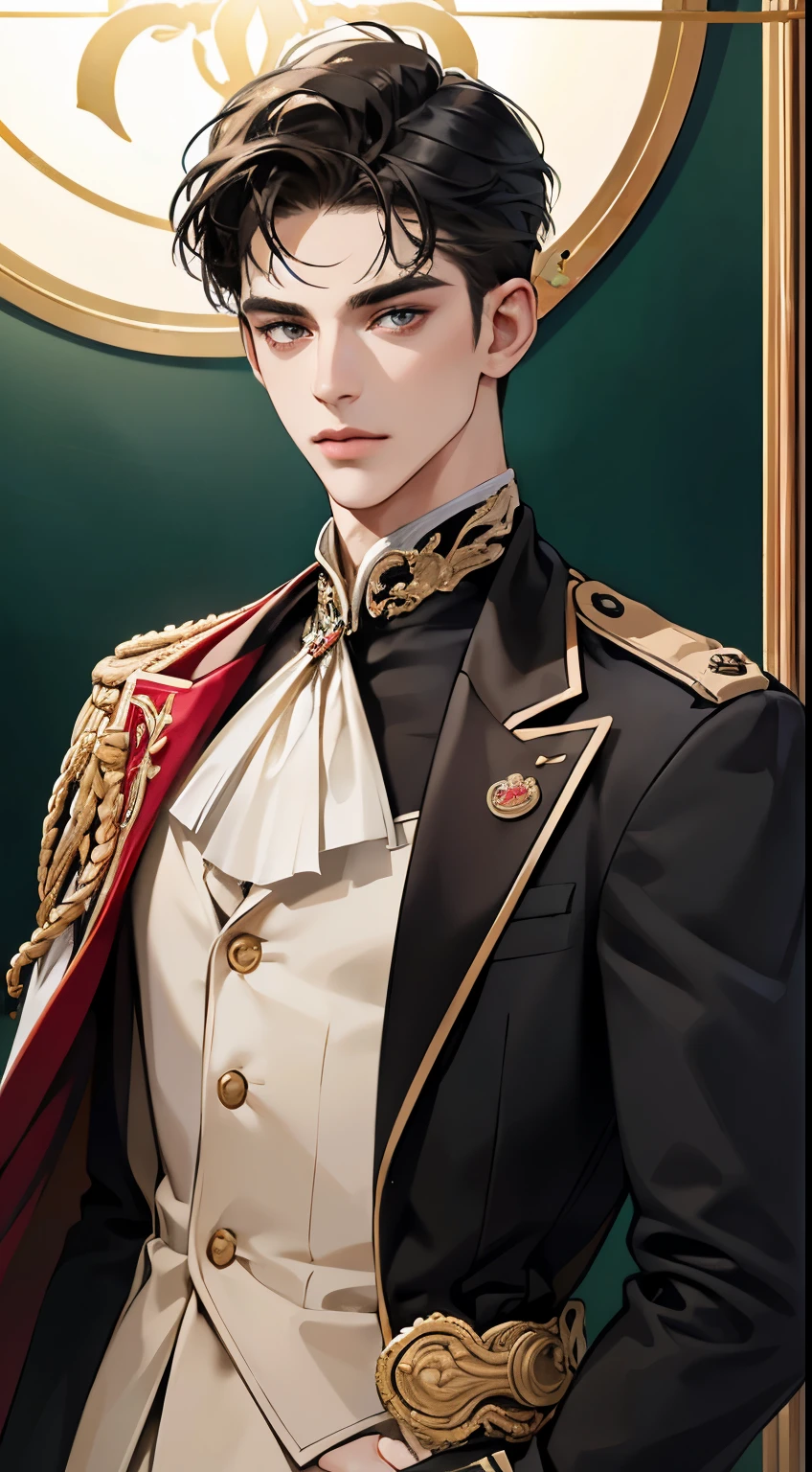 (Exaggerated, high resolution, high quality, high definition, masterpiece, top quality) 19-year-old man with handsome, short hair, detailed eyes and a detailed face, strikingly handsome, chiseled jawline, deep gaze, full hair, modern hairstyle, military uniform, golden headband, formal attire, confident posture, upscale suit, sophisticated design, silk fabric, tailored fit, glossy finish, composed, elegant background, high resolution, realistic, vibrant colors, dynamic lighting, sharp details