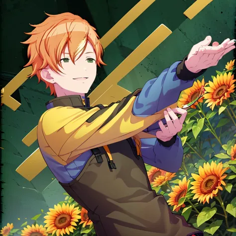 boy with black sweater, orange hair, holding the sunflower slightly downwards using the right hand, smiling facing the sunflower held in the sunflower garden, 2D, ((Masterpiece, Top Quality)), shinonome akito, project sekai, short hair, green eyes, streake...