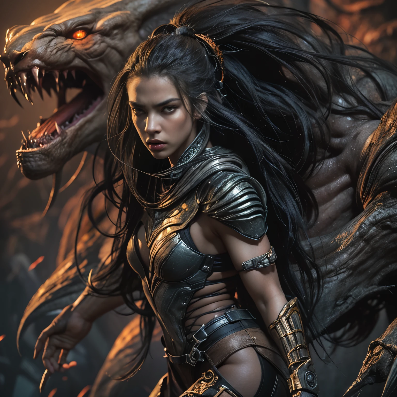 1 female alien, The predator, (extremely beautiful:1.2), (intense gaze:1.4), (predator:1.1), long dark claws, (NSFW:0.8), nipples, thick eyebrows, (She has shining orange eyes:1.2), the most beautiful face in the universe,  jet black hair, symmetrical beautiful eyes, hyper detailed eyes,

A woman predator with an extremely beautiful face, her intense gaze fixed on her prey, a primal force that could not be denied.

(beautiful lean body:1.5), (muscular build:1.2), (prowling:1.3), (sleek movements:1.4)

Her beautiful body, muscular and toned, moved with sleek grace as she prowled, ready to strike at a moment's notice. The predator within her was always on,                                                                          
                                                                                                                                                               
 cinematic drawing of characters, ultra high quality model, cinematic quality, detail up, (Intricate details:1.2), High resolution, High Definition, drawing faithfully, Official art, Unity 8K wall , 8K Portrait, Best Quality, Very High resolution, ultra detailed artistic photography,