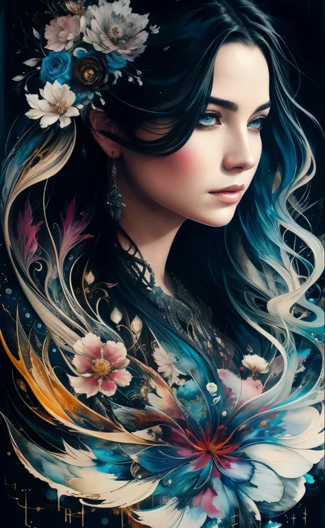 Colorful beautiful woman: Black ink flow: 8k resolution photorealistic masterpiece: by Aaron Horkey and Jeremy Mann: intricately...