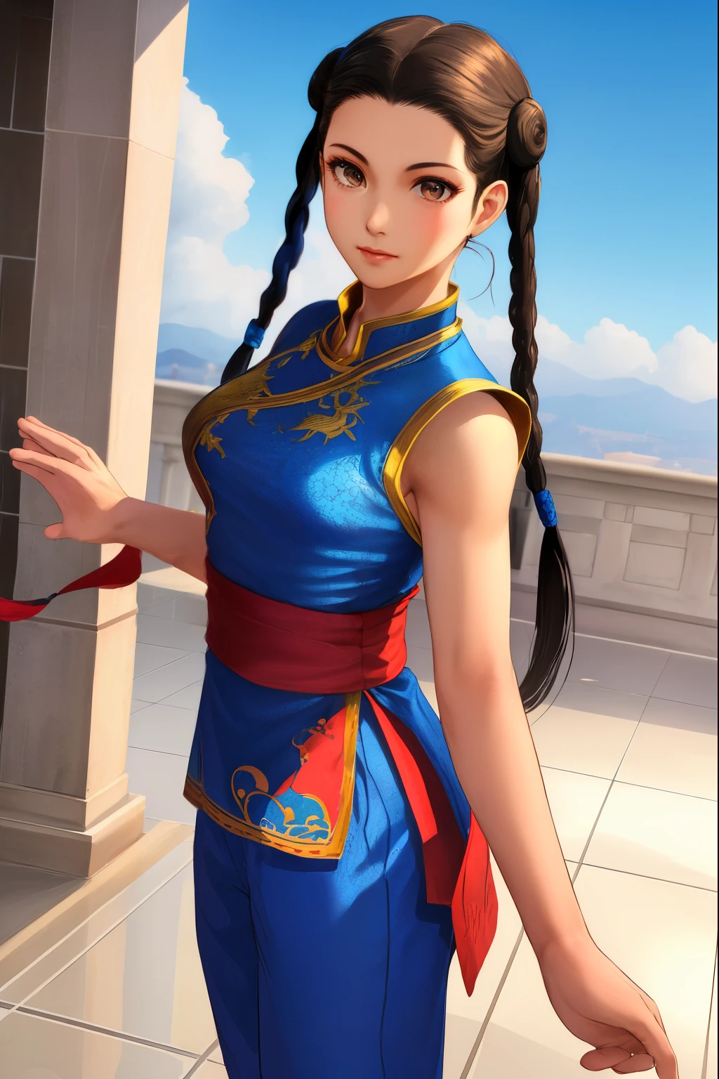 Pai-chan, Twin braids with blue ribbon, brown eyes, double good,black hair,Are standing, alone , Upper body,  combat readiness, 
paiati,blue cheongsam, red obi, pants, No sleeve,
marble floor, blue sky, cloudy, evening,
(Extremely detailed, beautiful and detailed face, masterpiece, highest quality)    