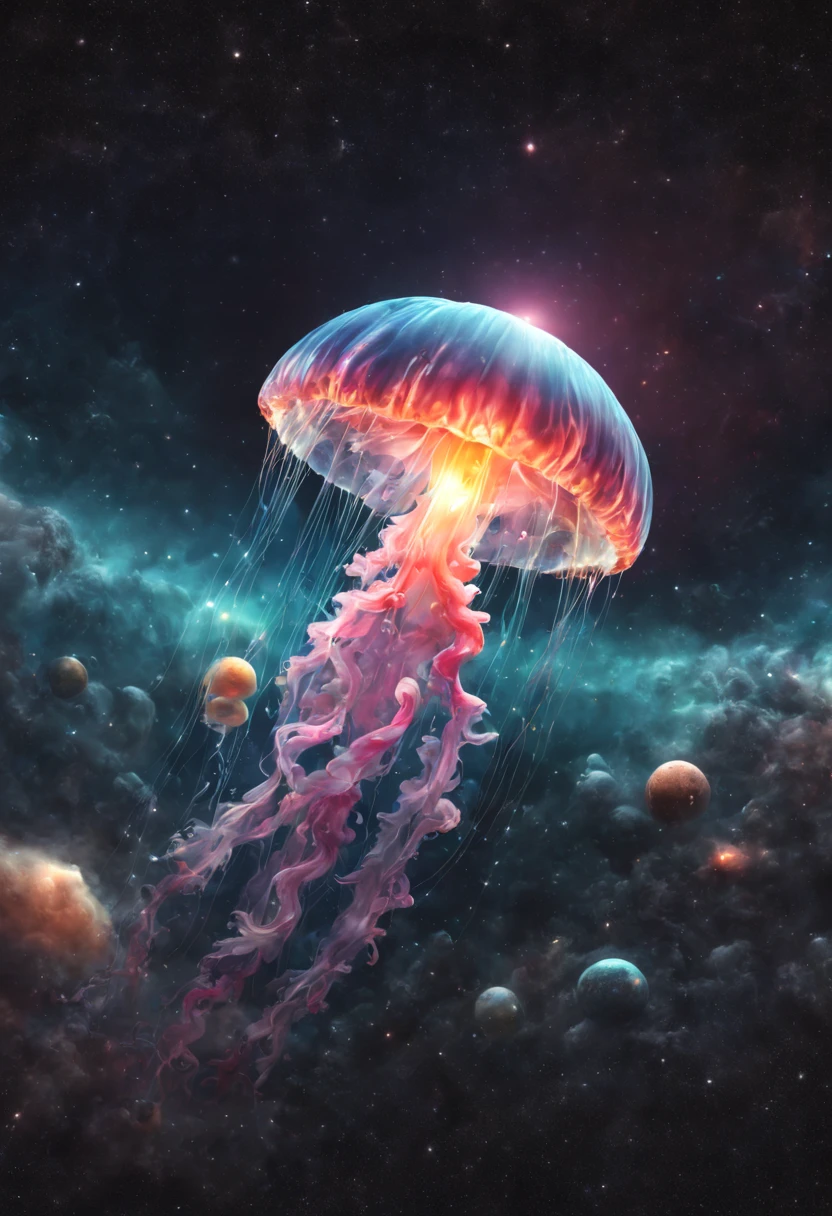 (8k, Best Quality, Masterpiece: 1.2), (Realistic, Photorealistic: 1.37), Super Detailed, A giant colorful jellyfish floating in space. In the background are planets, stars, galaxies, star clouds. Vivid colors, 