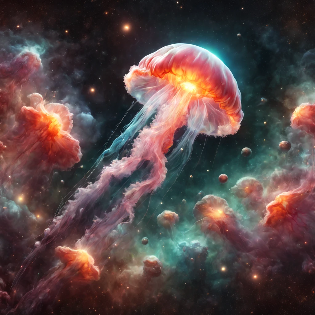 (8k, Best Quality, Masterpiece: 1.2), (Realistic, Photorealistic: 1.37), Super Detailed, A giant colorful jellyfish floating in space. In the background are planets, stars, galaxies, nebulas, star clouds. Vivid colors, realistic. cinaematic lights