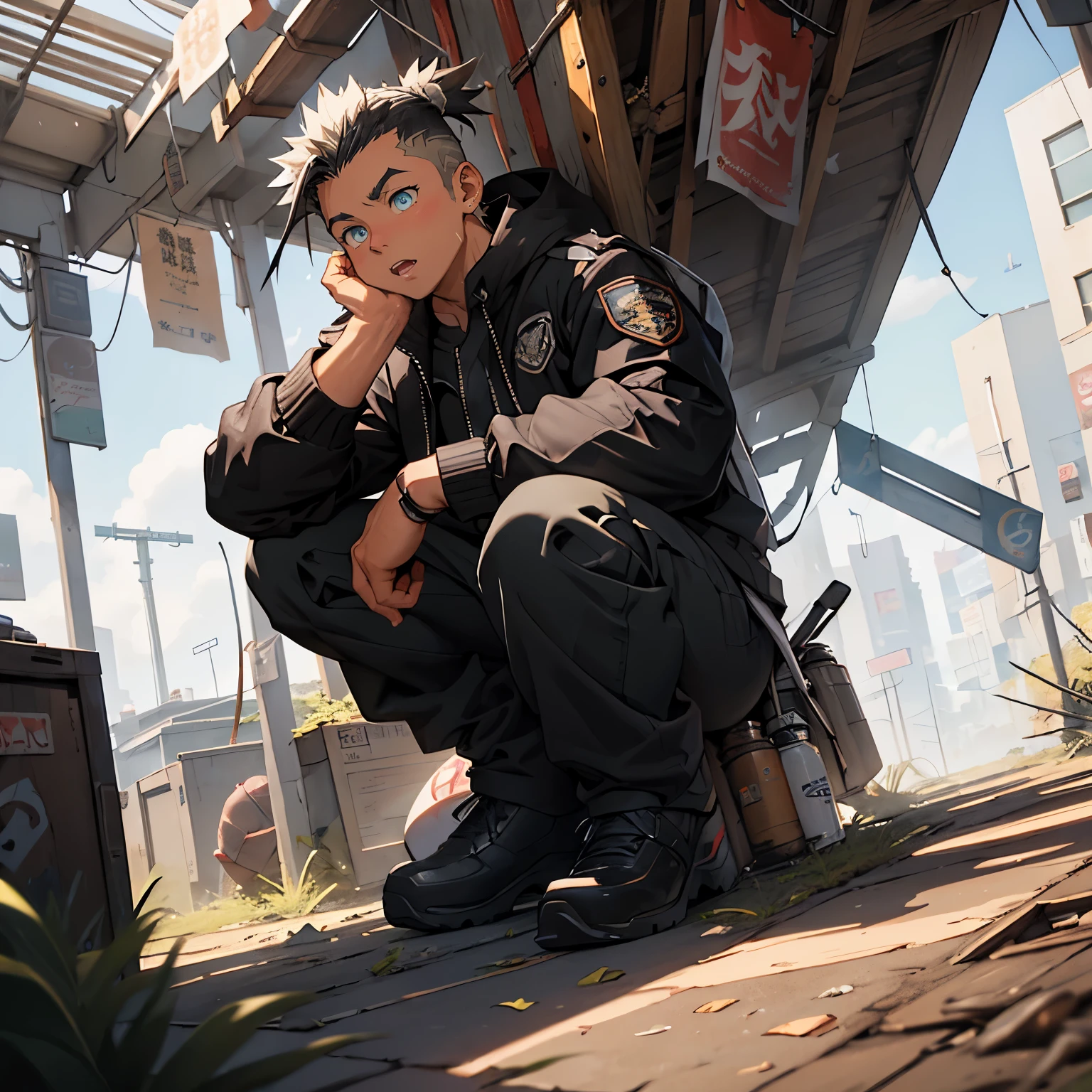 dystopian future background, Ultra high-resolution kawaii moe anime 8K, Undercut, Artificial Eagle, super buff muscular monk bent knees shirtless in futuristic black jacket, Spelling tent hard pants with wood with sprinkling eagle to man sprinkled on male seeds, Rosla global lighting, trending on artstation pixiv, Kawaii moe anime