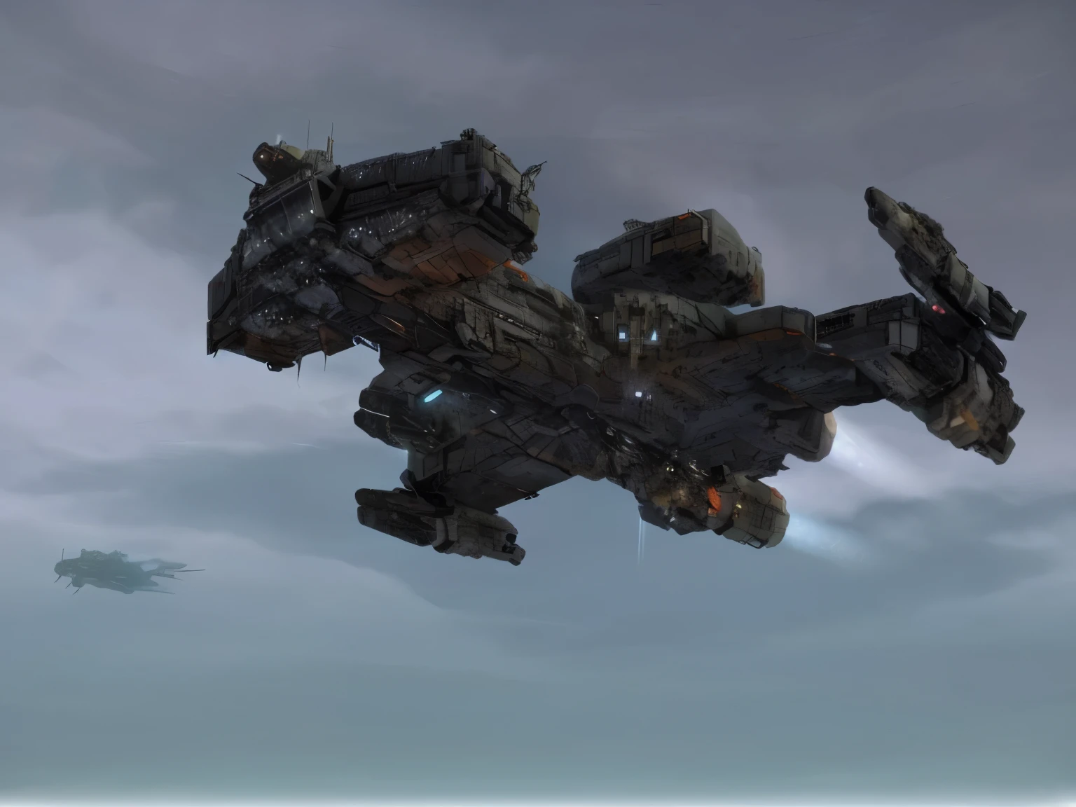 there is a large battlecruiser flying through the air with a sky background, hammerhead dreadnought, flying scifi vehicle, scifi spaceship, sci - fi spaceship in combat, starcraft spaceships, sci-fi highly detailed, spaceships in the cloudy sky, photo realistic, hyper realistic terran ship, starcraft battlecruiser, industrial humanity spaceship, detailed spaceship