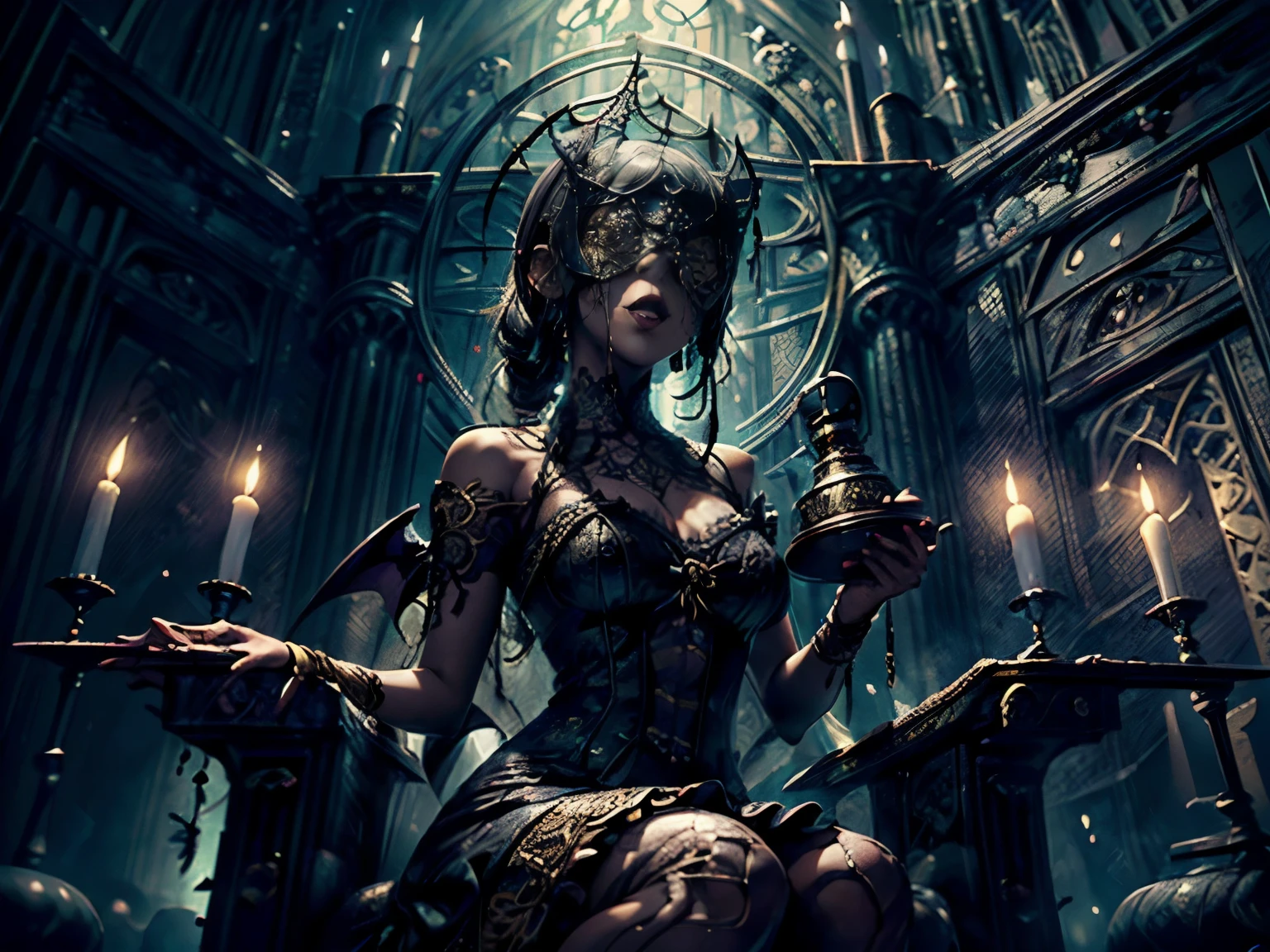 ((dark-skinned Caribbean 1girl wearing blindmask with long indigo freeform braided hair, sitting in gothicpunkai throne, wearing tight sensual gothic lolita style dress with intricate lace patterning and leather straps and bindings, dark two-tone lipstick, open mouth tongue out expression, ornate golden chalice in hand)), Ultra-realistic 8K CG, ((ultra-detailed background is abandoned cathedral with iron-wrought candelabra and tarnished sculptures, delicate pattern, intricate details, many bats ravens and owls flying throughout scene)), best quality, intricate details, solo, (masterpiece:1.6, best quality), (masterpiece, best quality:1.2), 8k, insane details, intricate details, hyperdetailed, hyper quality, high detail, ultra detailed, professional, HDR, realistic, ray tracing reflection, cinematic lighting, ornate,