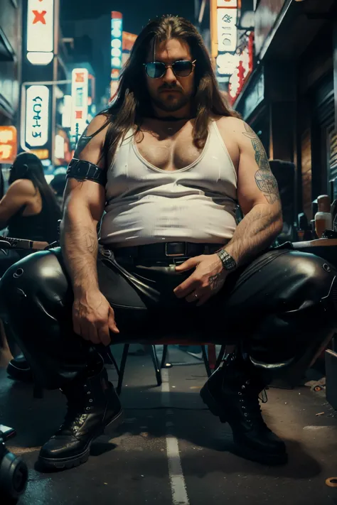 Italian man, 52 years old, wears a white wife beater, leather trousers and boots, badass, 80s transparent teardrop specs, red contact lenses, overweight, long hair but thinning, Cyberpunk character, in Night city, holds a revolver gun