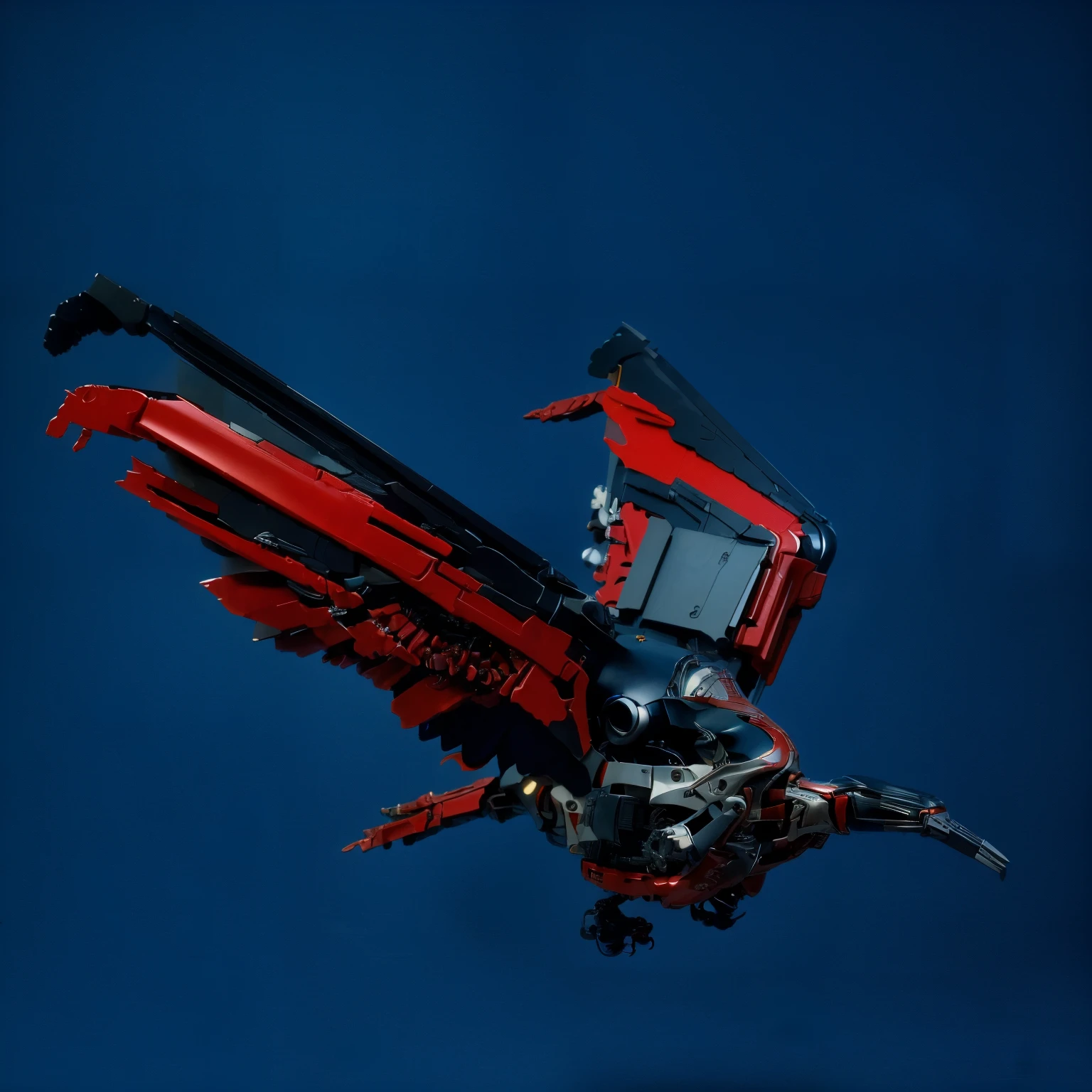 there is a red and black transformer standing on a desk, mecha wings, 3 d render n - 9, sharp robot dragon claws, photo realistic mp3 player transformed into a robot bird, flying robot, red and black robotic parts, cyborg wing, pterodactyl mecha, robot bird, mechanical wings, neon genesis evangelion style
