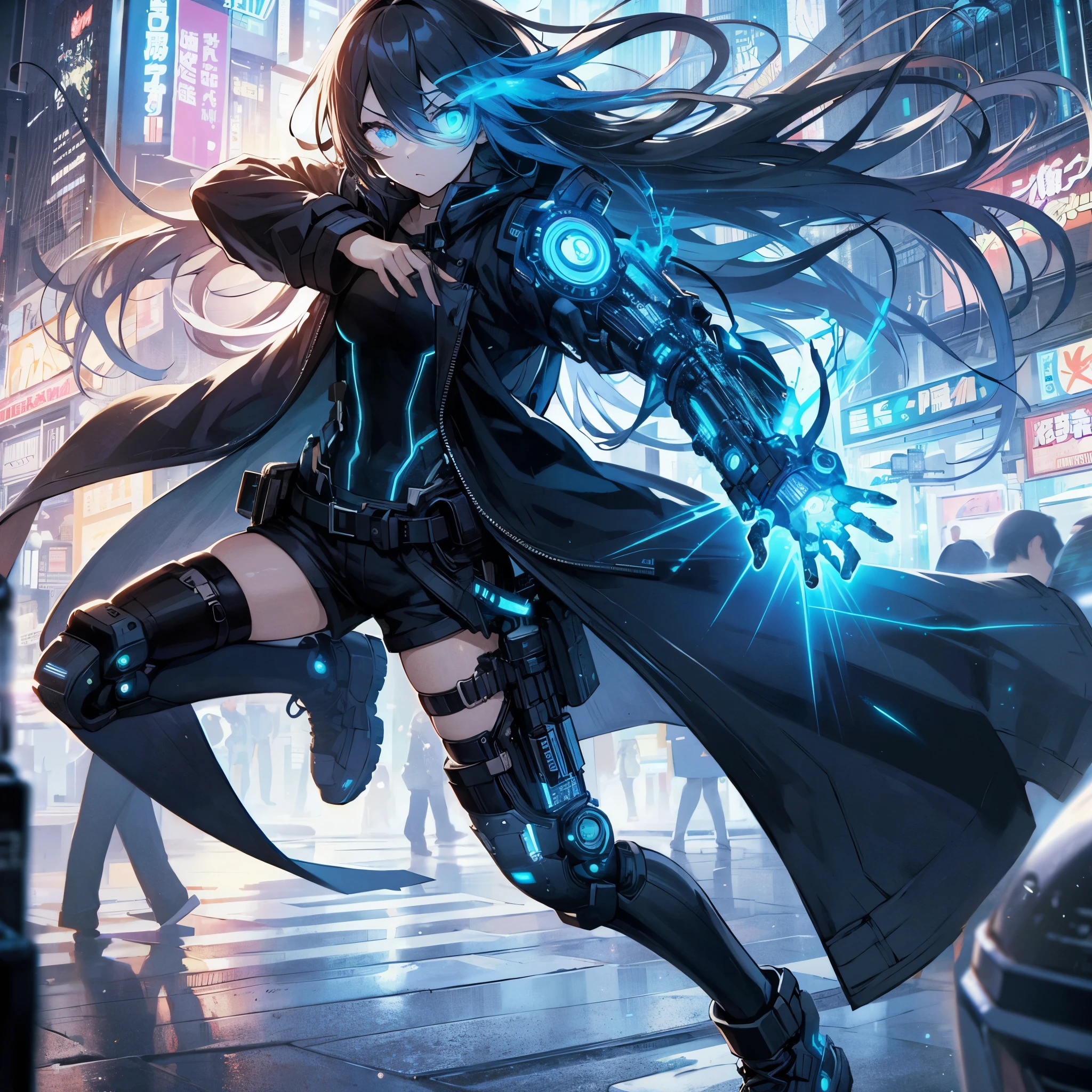(masterpiece, Best Quality), (Perfect athlete body:1.2), (detailed hairs), Ultra-detailed, Anime style, Full body, Solo, Cyberpunk grappler girl, wearing raged black long coat and shorts, black hair, neon blue glowing left eye, mechanized left arm emits neon blue light, fighting pose, standing on night downtown, wearing long boots, 8k high resolution, white background, whole body,
