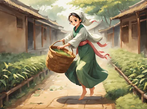 the drying area is covered with tea leaves，girl is stepping on it，dance happily，carrying a bamboo basket，two-dimensional charact...