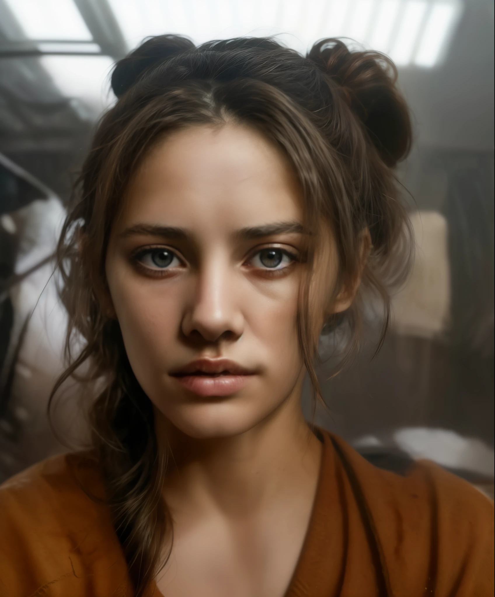 Ultra realistic portrait of a pretty woman, brown eyes, 44 years old, worried face, disheveled ponytail and bangs, messy clothes, character design concept art, reflected lights, light reflections, 3D octane render, detailed, emotional lighting, by Rafael Grassetti and Ian Spriggs, 4k resolution.