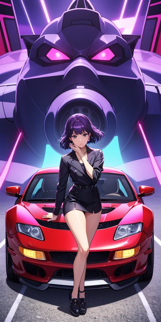 purple car with a girl standing on top of it in front of a building, initial d anime screenshot, 9 0 s anime aesthetic, art deco outrun anime aesthestic, initial d anime, initial d anime 1 0 8 0 p, initial d, lofi artstyle, anime movie screenshot, anime movie scene, akira vibes, style of akira motion movie
