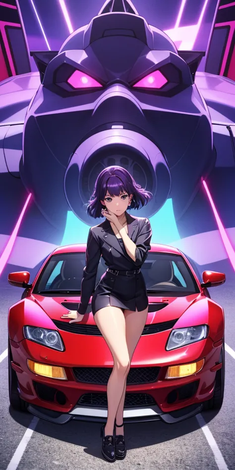 purple car with a girl standing on top of it in front of a building, initial d anime screenshot, 9 0 s anime aesthetic, art deco...