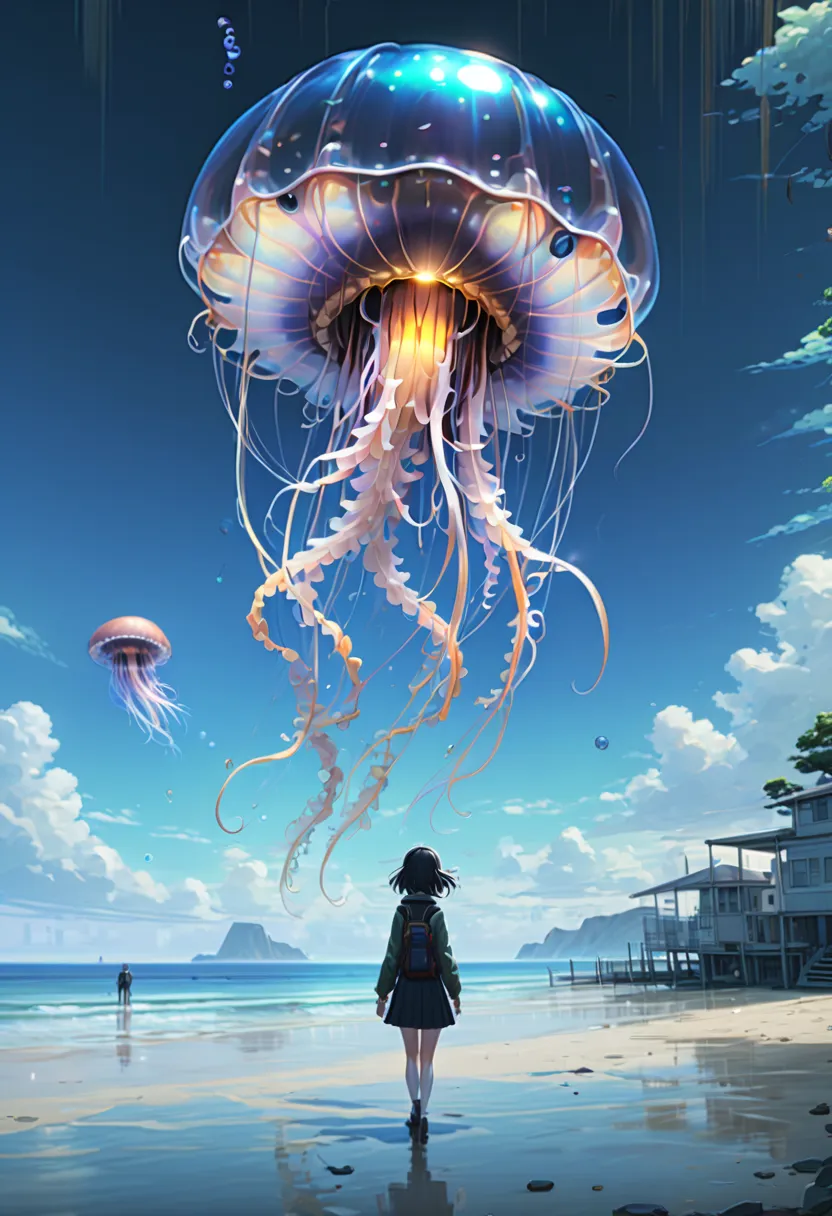 Jellyfish, inspired by Makoto Shinkai and Makoto Niitsu, (best quality, masterpiece, Representative work, official art, Professi...