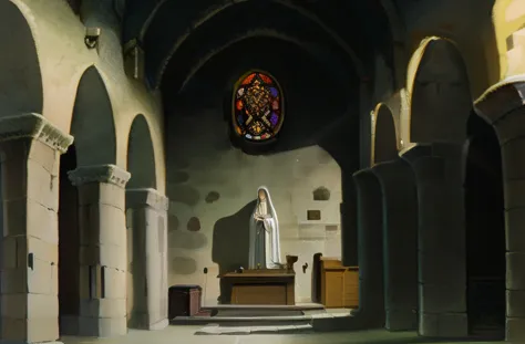 Vanishing point in the center of the screen,Full body symmetrical white stone statue of the Virgin from the front,Beautiful white stone statue of Our Lady in a robe and cloak,White stone statue of the Virgin Mary with hands under her face,White stone statu...